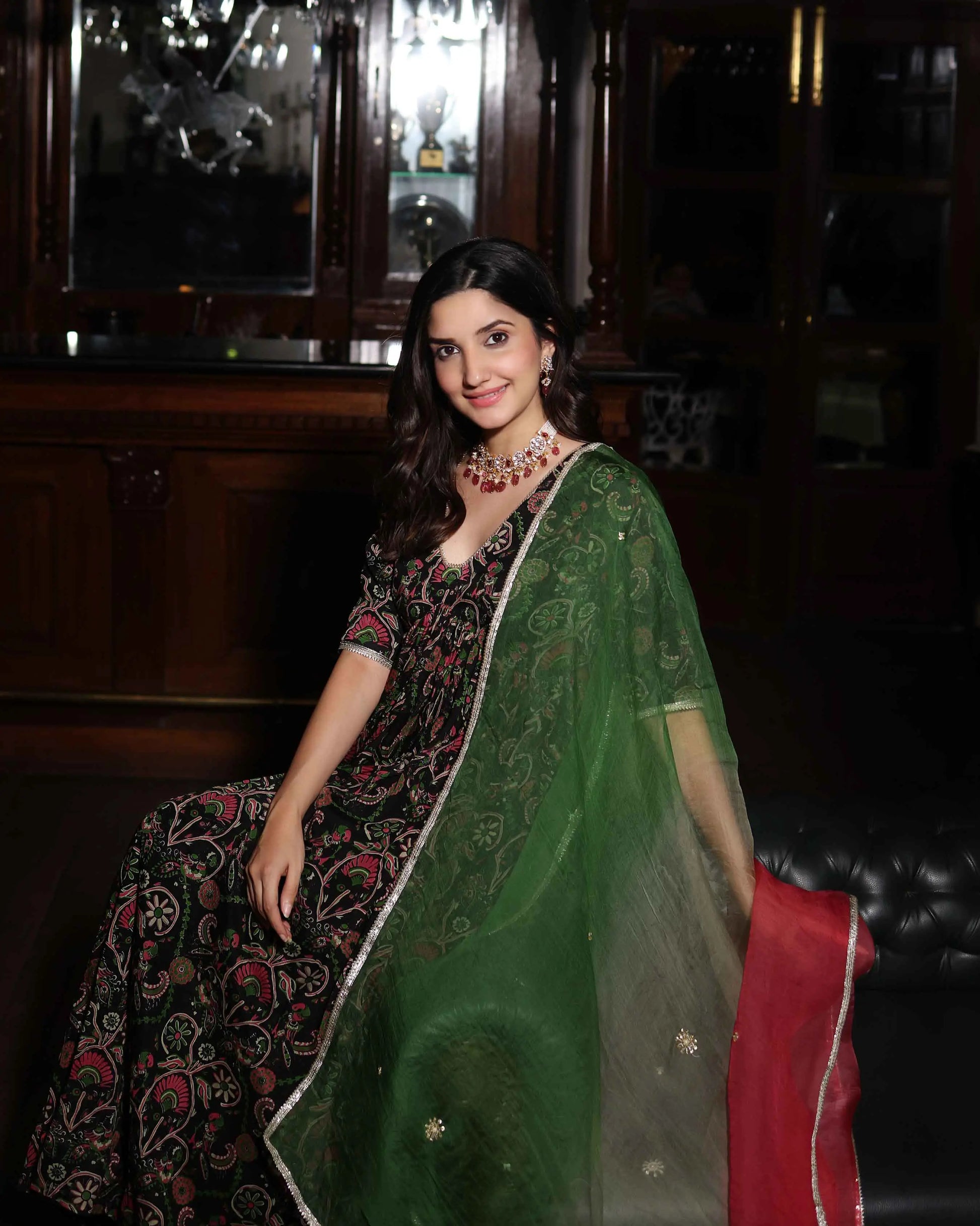 Florris Mush Black Printed Chinon Suit Set My Store