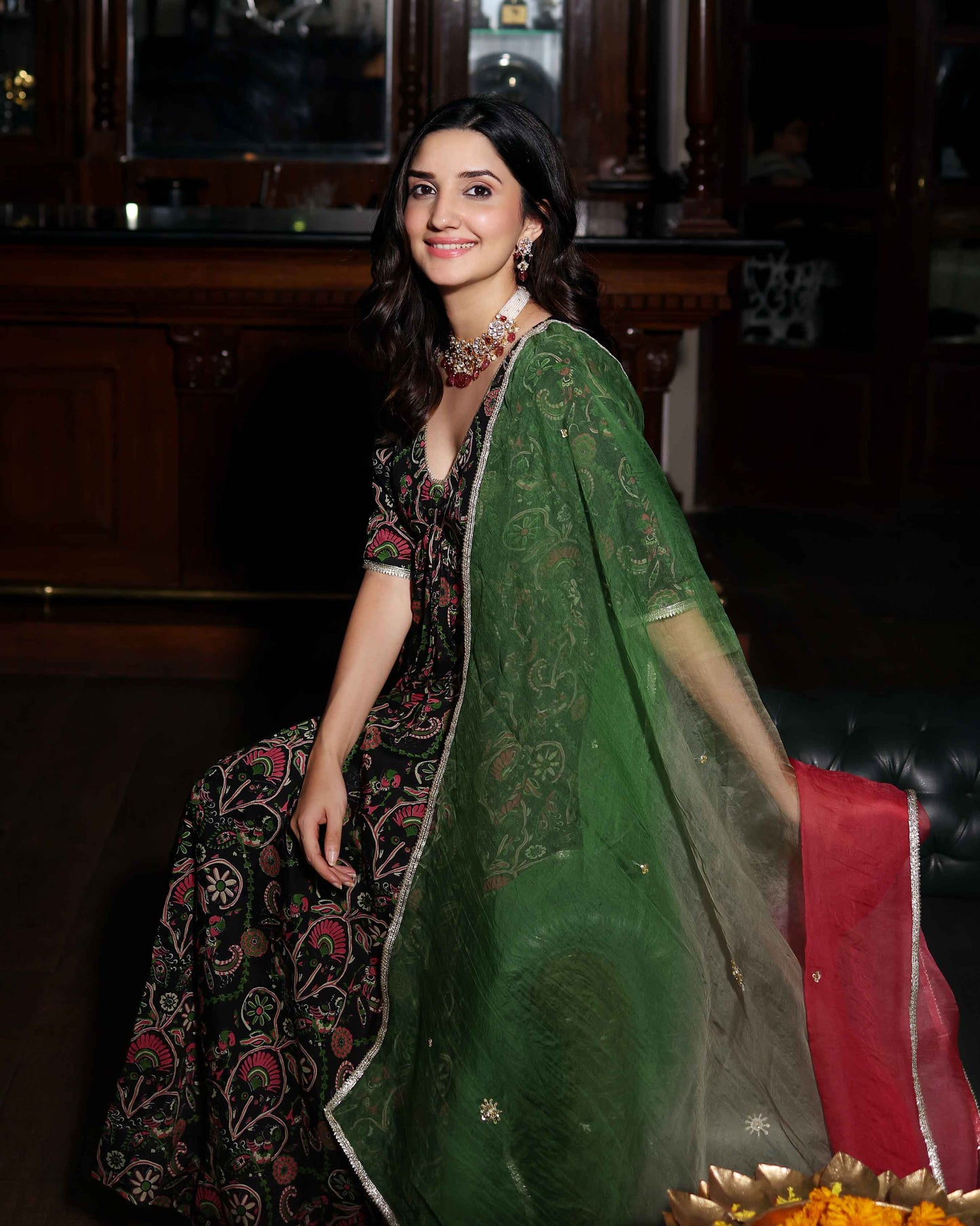 Florris Mush Black Printed Chinon Suit Set My Store