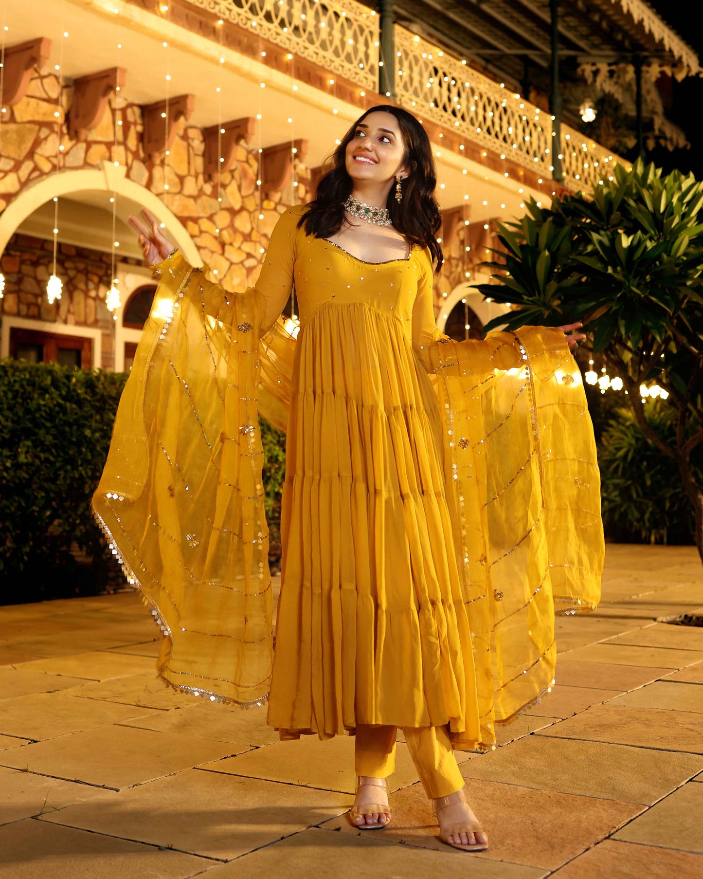 Shimmering Mustard Sequin Georgette Suit Set Quick Cart