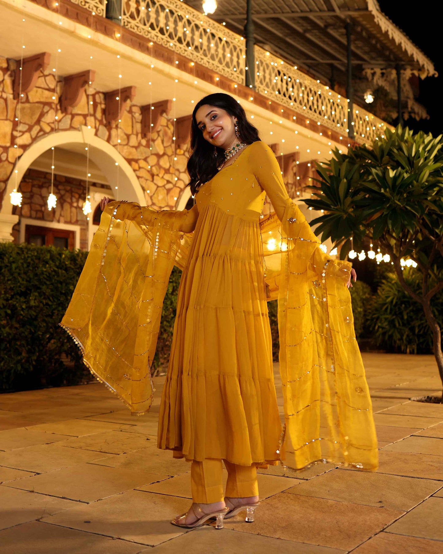 Shimmering Mustard Sequin Georgette Suit Set My Store