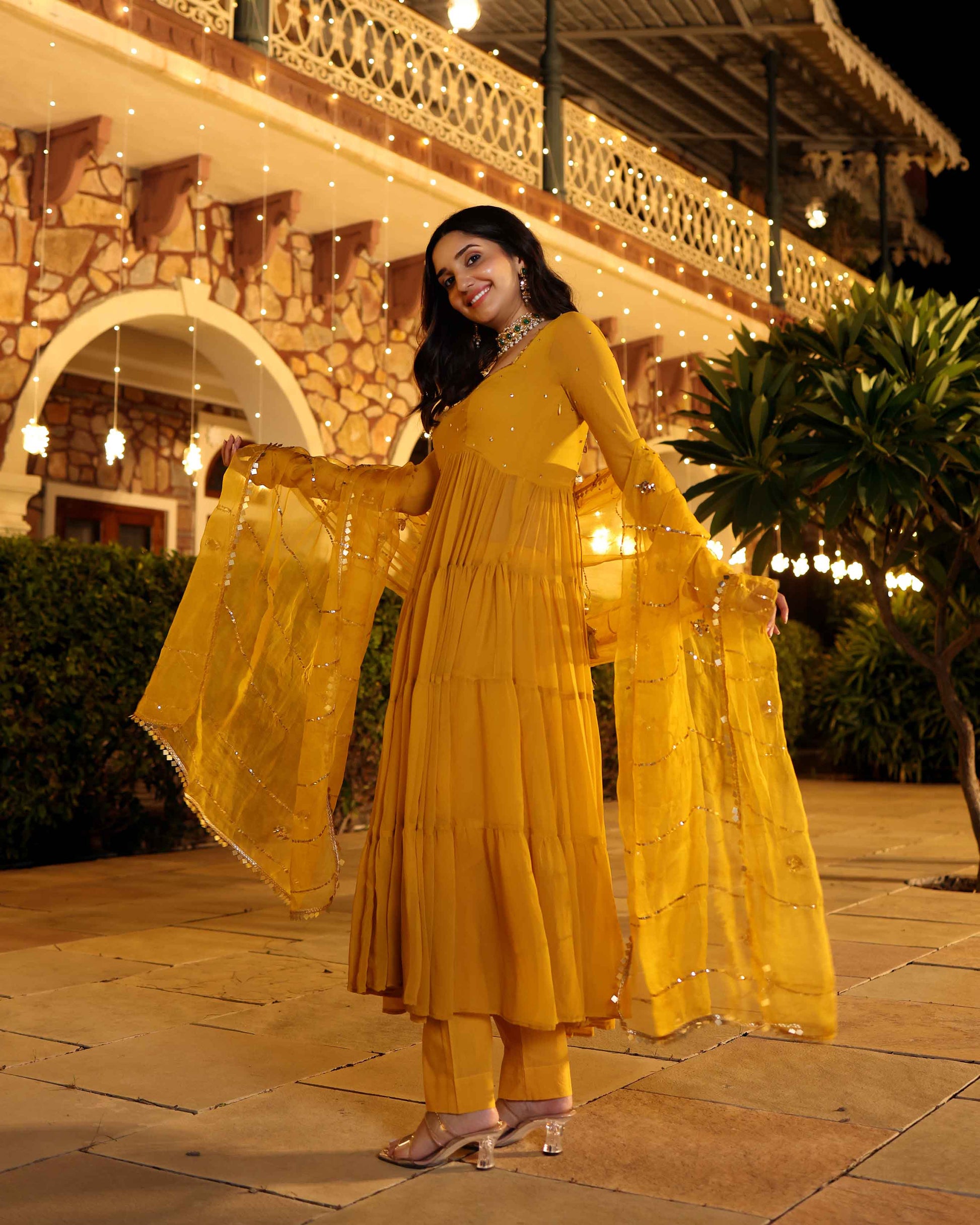 Shimmering Mustard Sequin Georgette Suit Set My Store