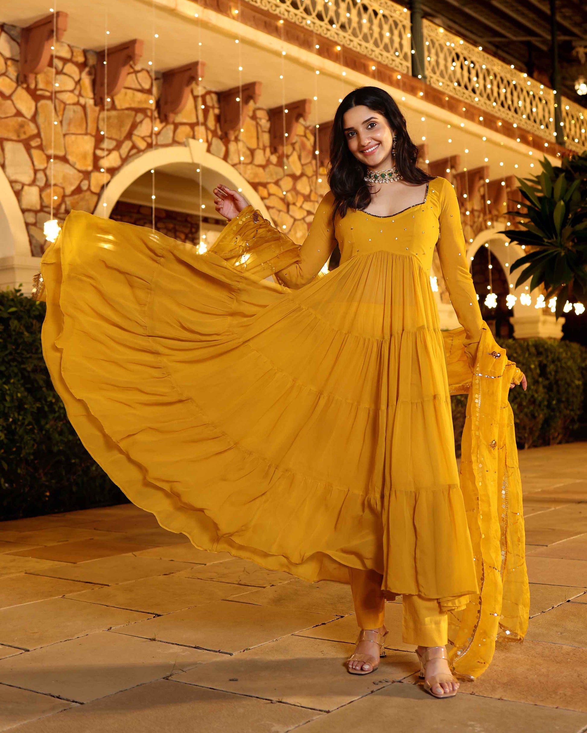 Shimmering Mustard Sequin Georgette Suit Set My Store