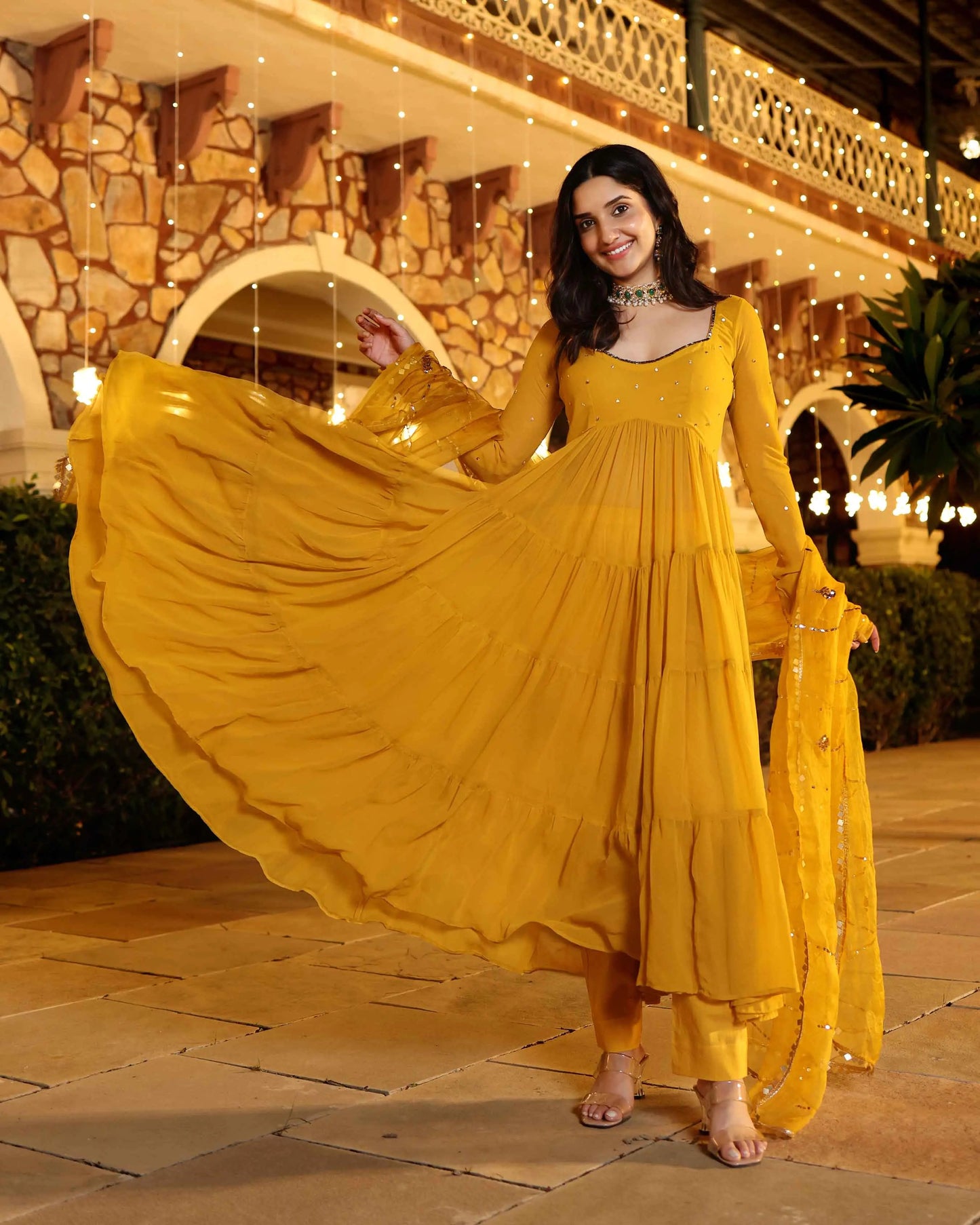 Shimmering Mustard Sequin Georgette Suit Set My Store