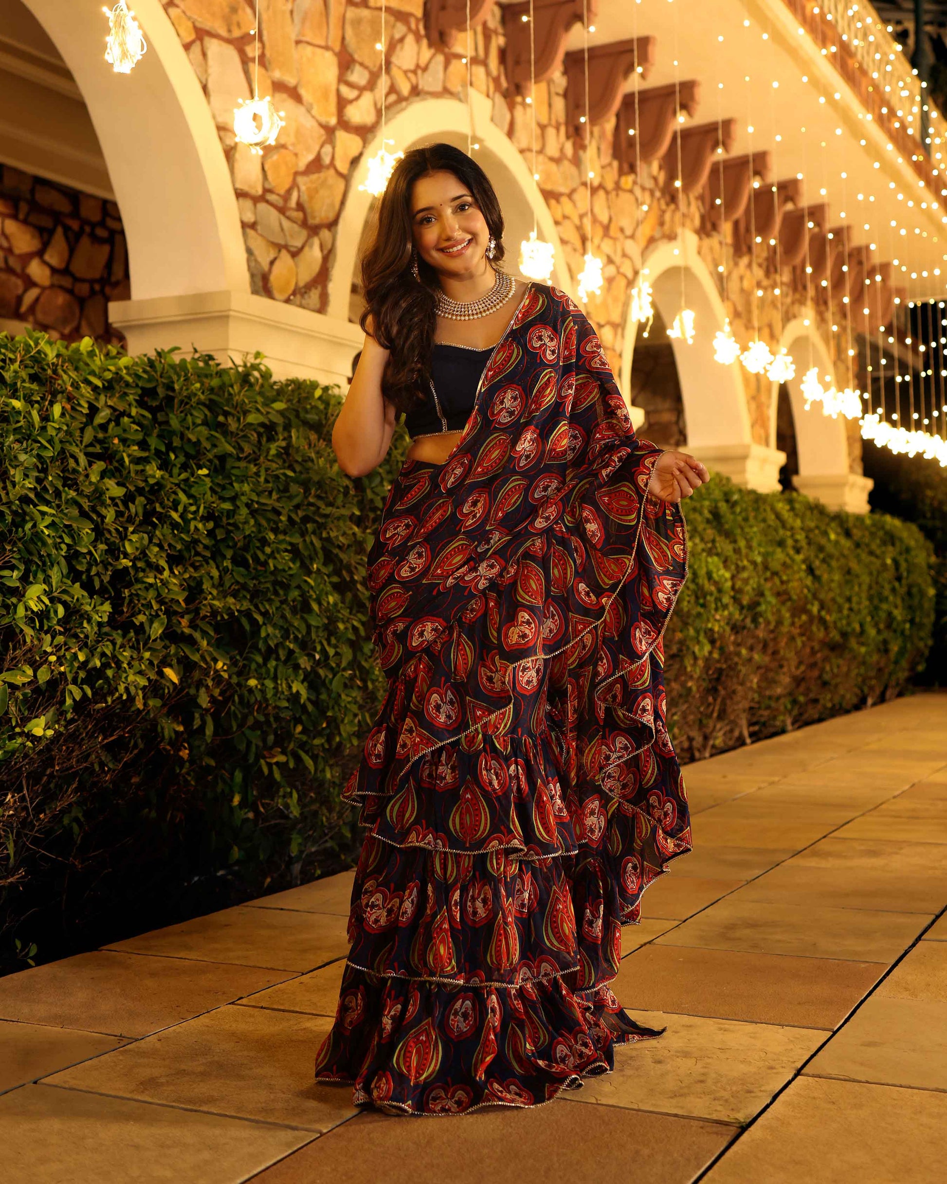 Vari Blue Printed Chinon Pre Draped Saree My Store