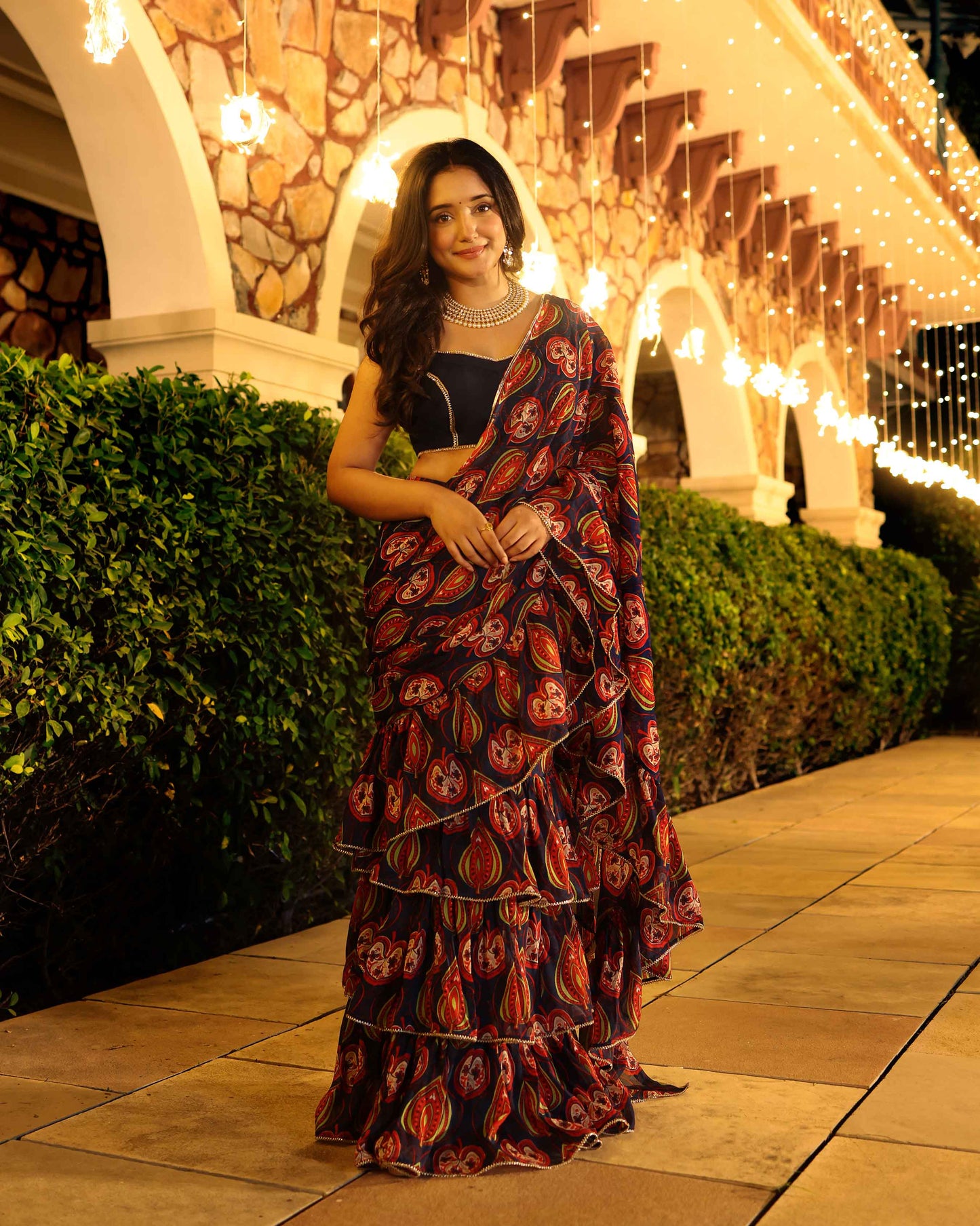 Vari Blue Printed Chinon Pre Draped Saree Quick Cart