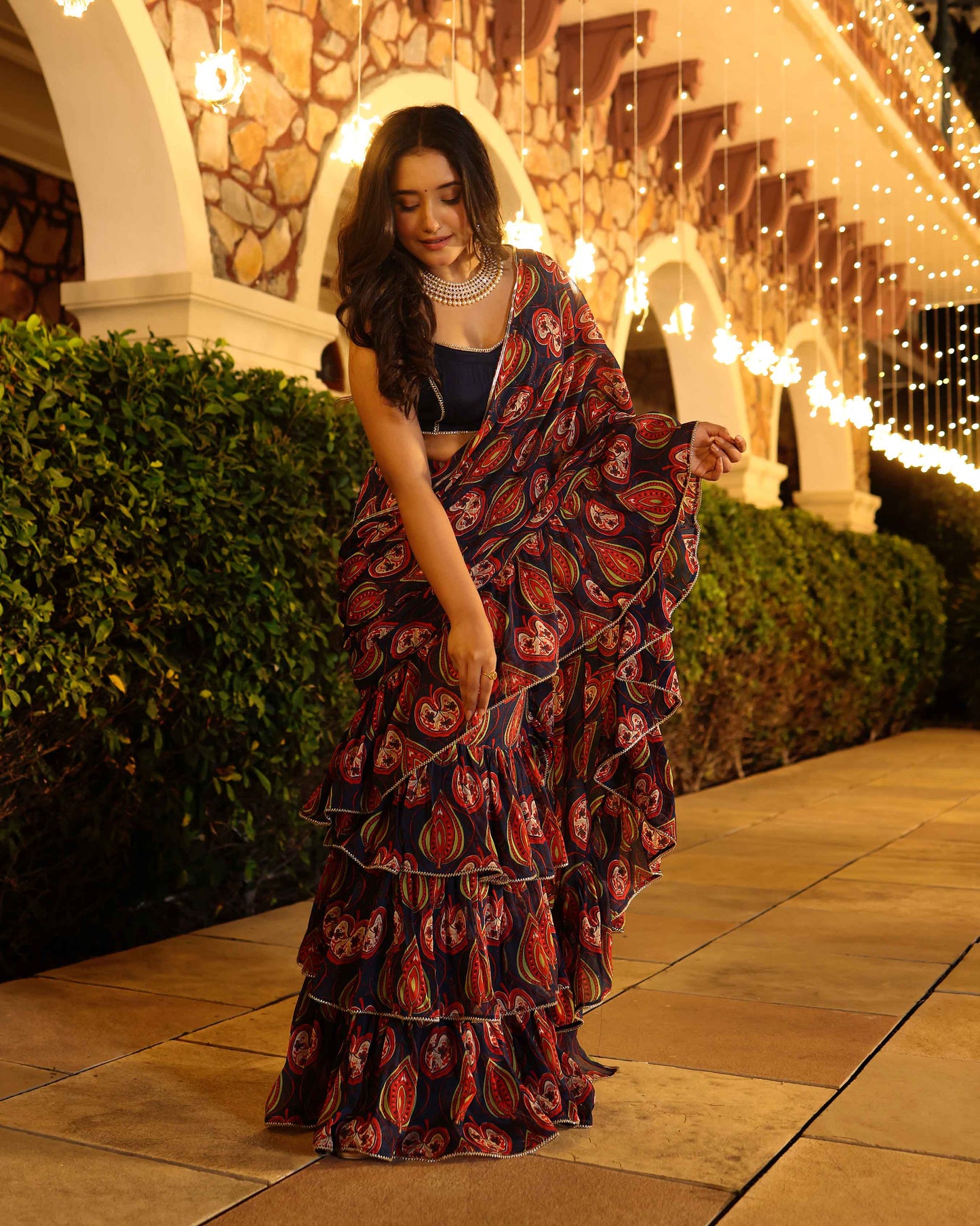 Vari Blue Printed Chinon Pre Draped Saree My Store