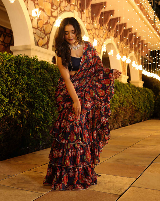 Vari Blue Printed Chinon Pre Draped Saree Quick Cart