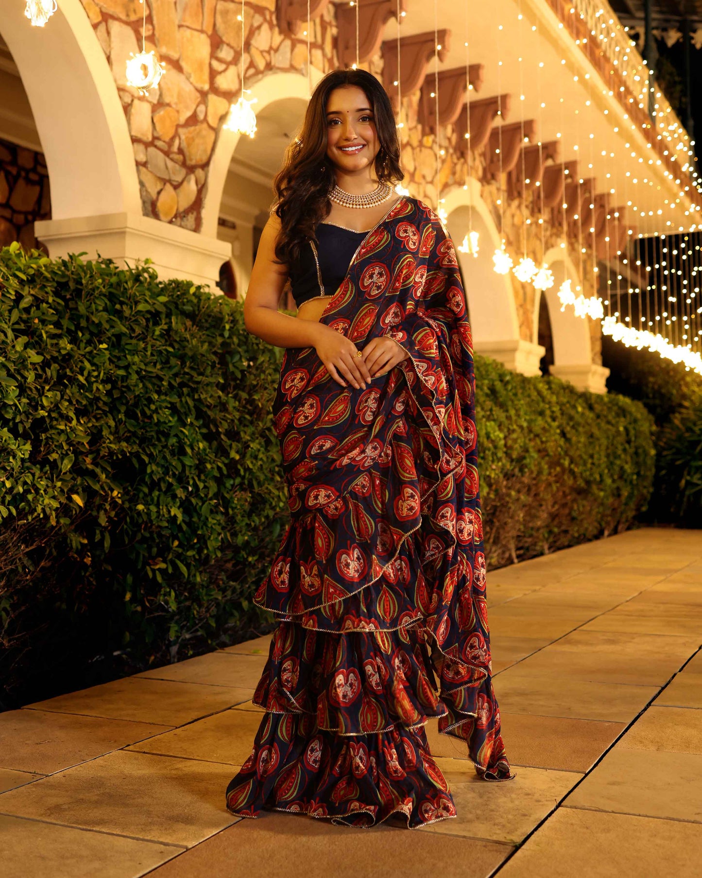 Vari Blue Printed Chinon Pre Draped Saree Quick Cart