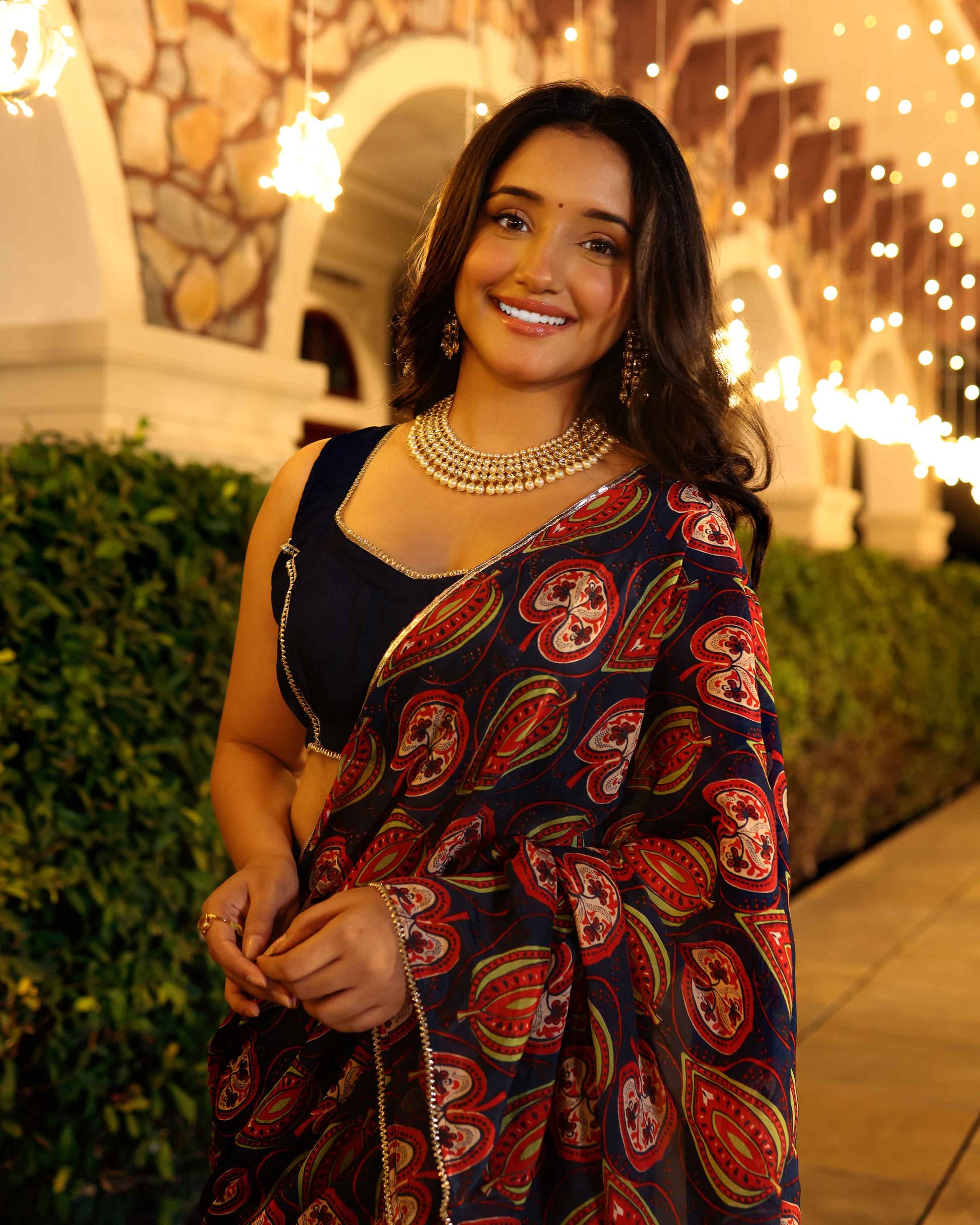 Vari Blue Printed Chinon Pre Draped Saree Quick Cart