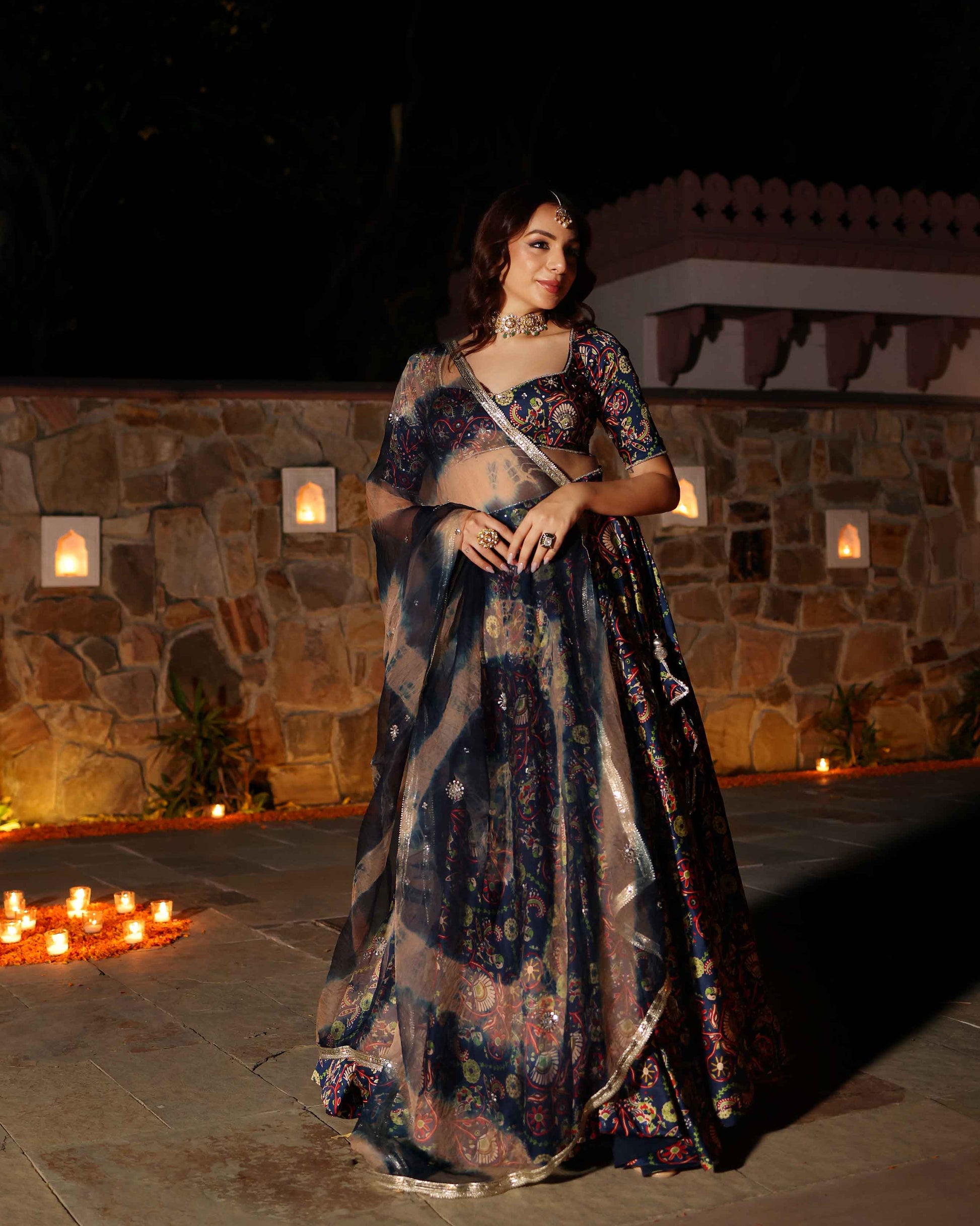 Laaya Blue Printed Hand Embroidered Satin Lehenga Set Quick Cart