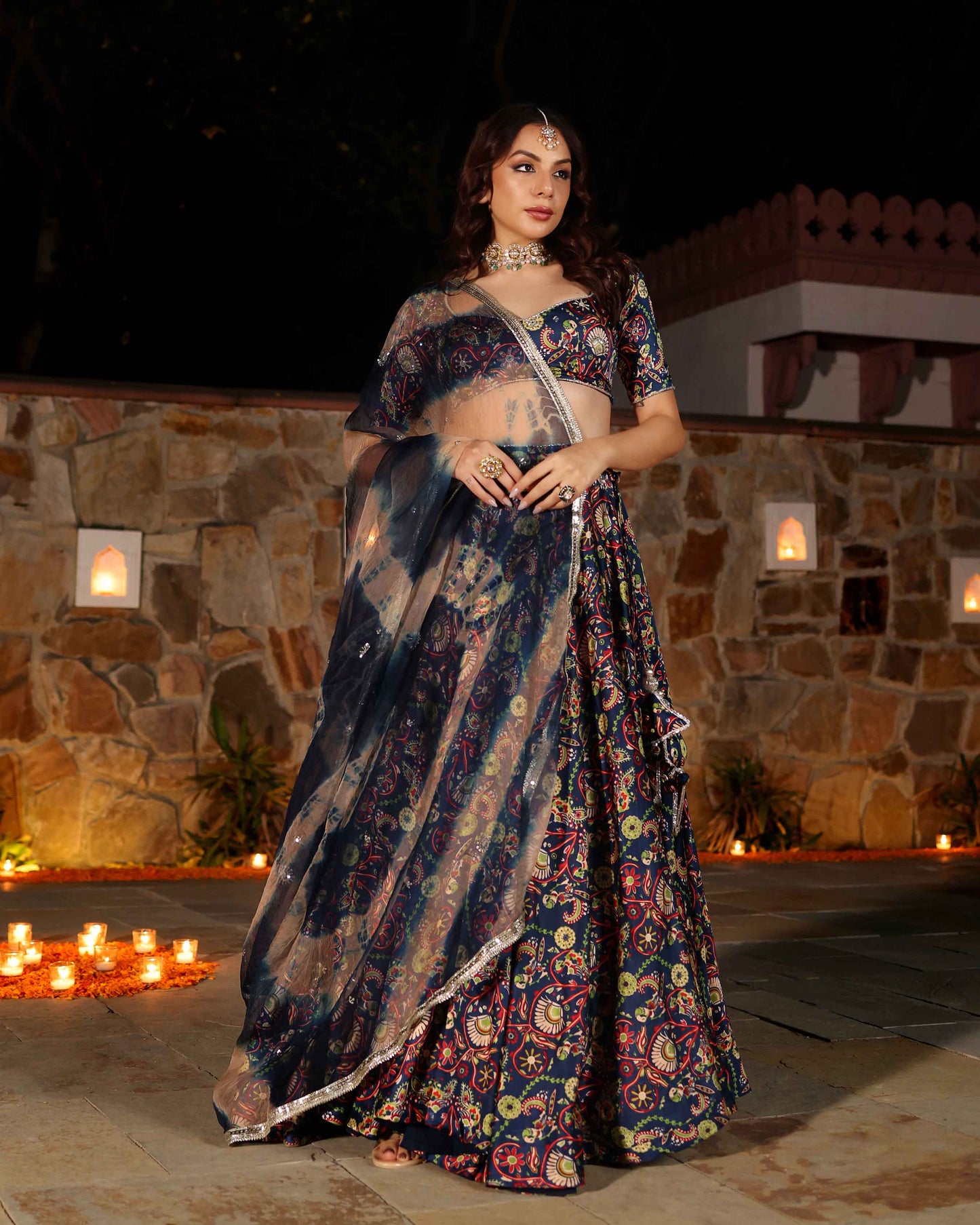 Laaya Blue Printed Hand Embroidered Satin Lehenga Set Quick Cart