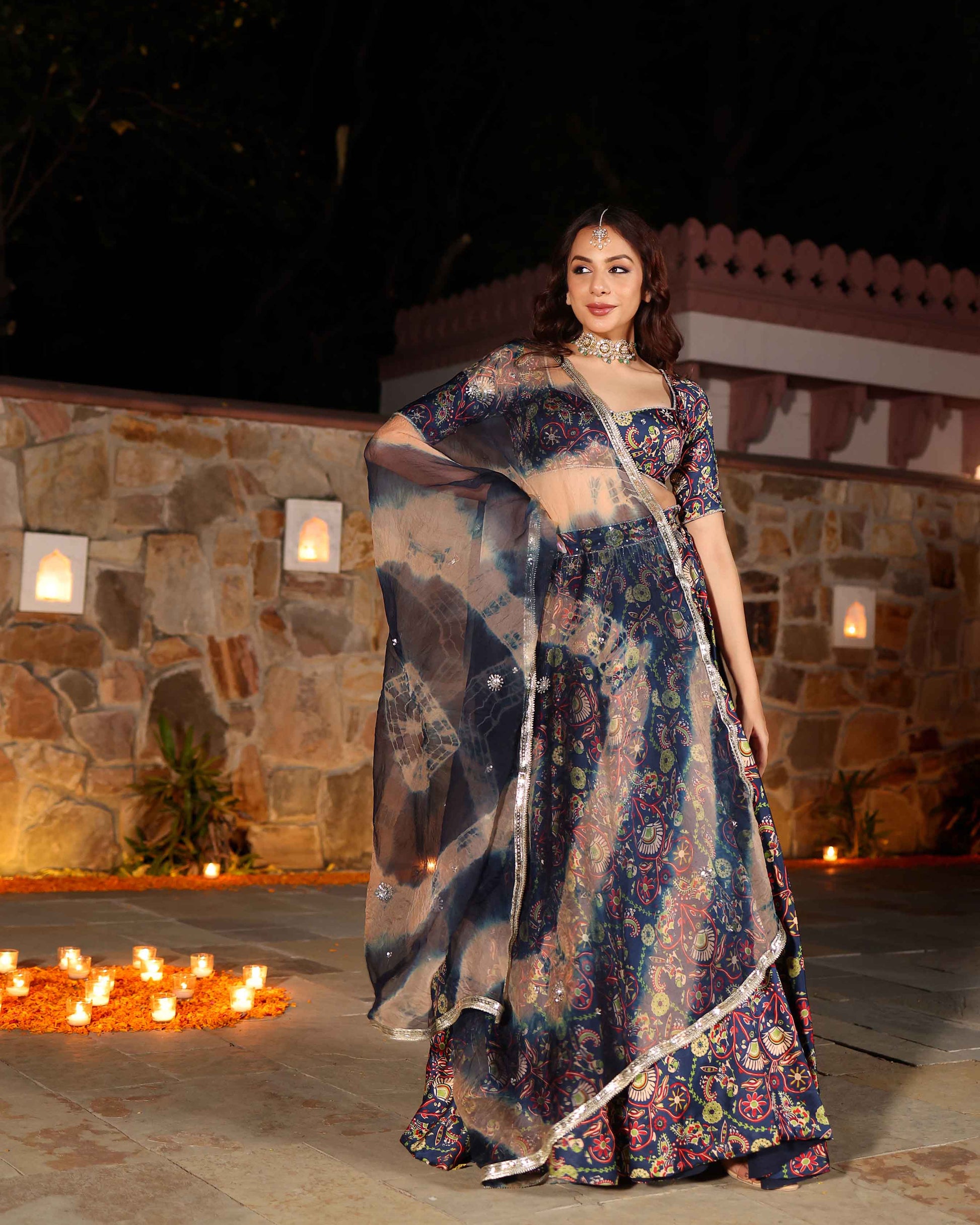 Laaya Blue Printed Hand Embroidered Satin Lehenga Set Quick Cart