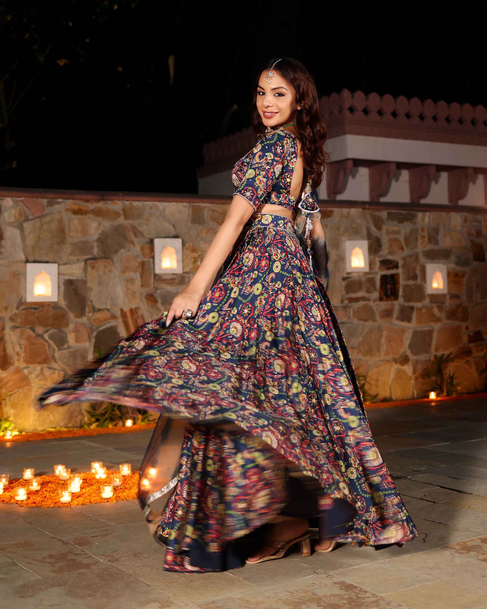 Laaya Blue Printed Hand Embroidered Satin Lehenga Set My Store