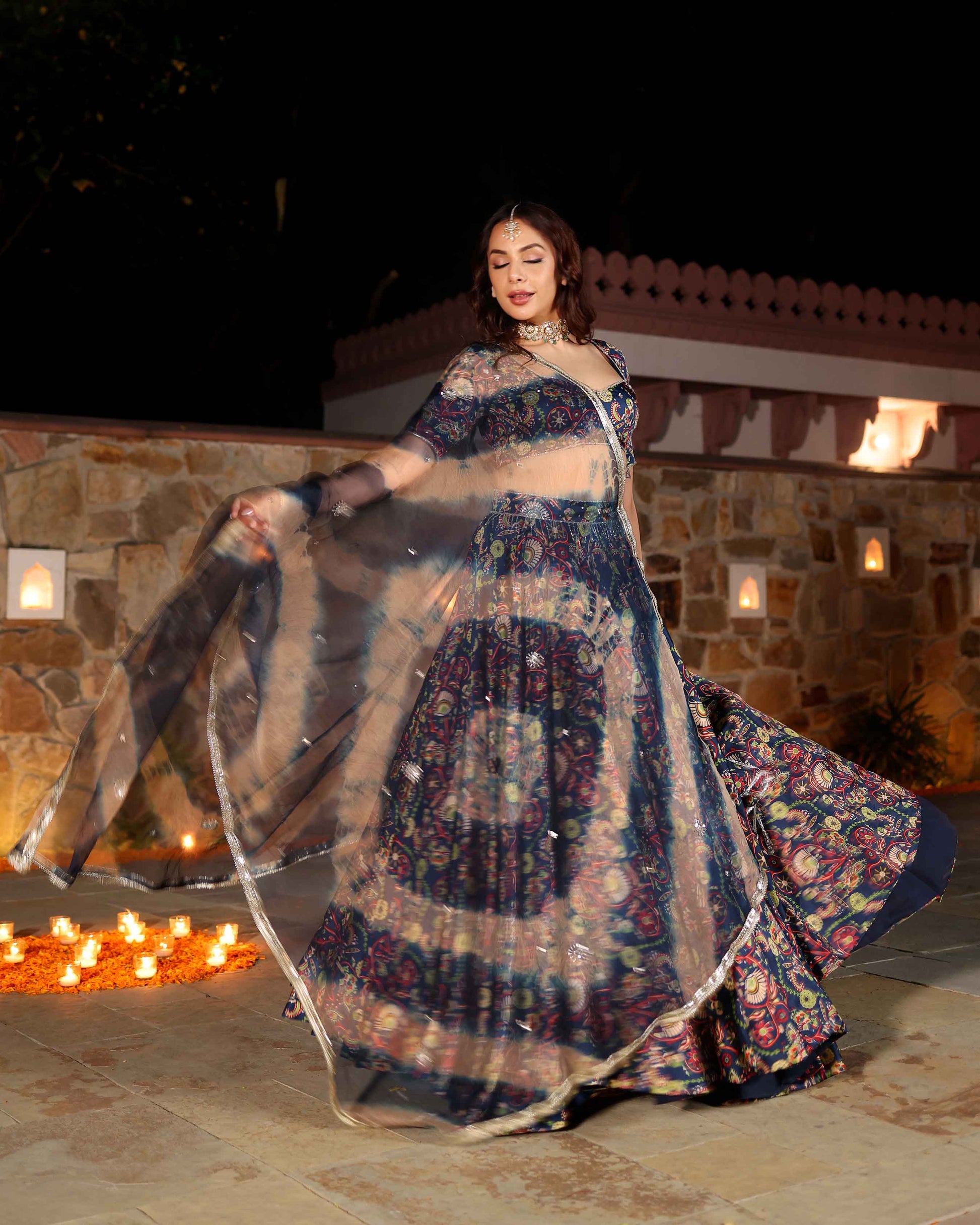 Laaya Blue Printed Hand Embroidered Satin Lehenga Set Quick Cart