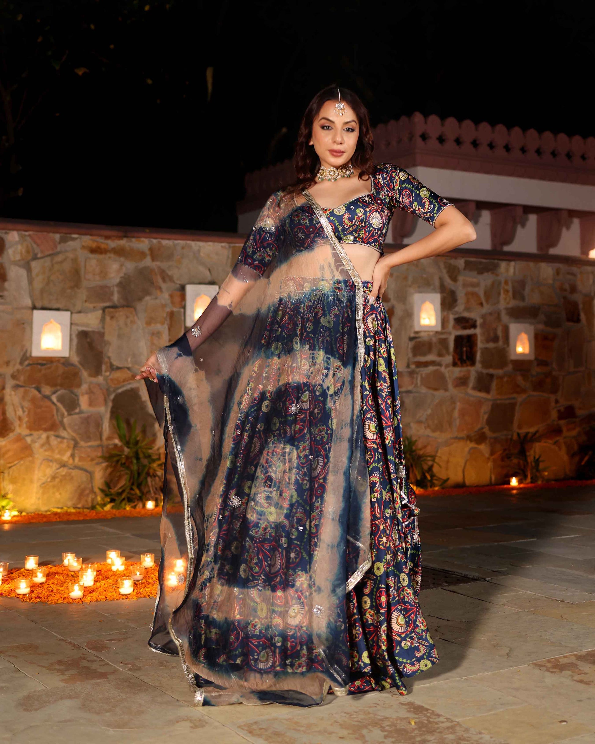 Laaya Blue Printed Hand Embroidered Satin Lehenga Set Quick Cart