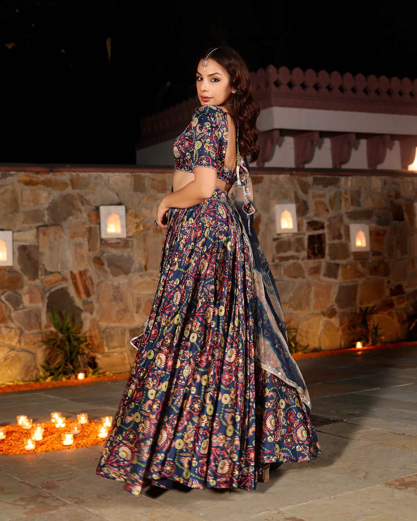 Laaya Blue Printed Hand Embroidered Satin Lehenga Set Quick Cart