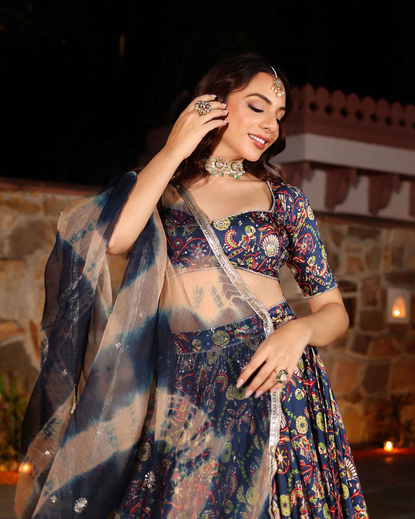 Laaya Blue Printed Hand Embroidered Satin Lehenga Set My Store