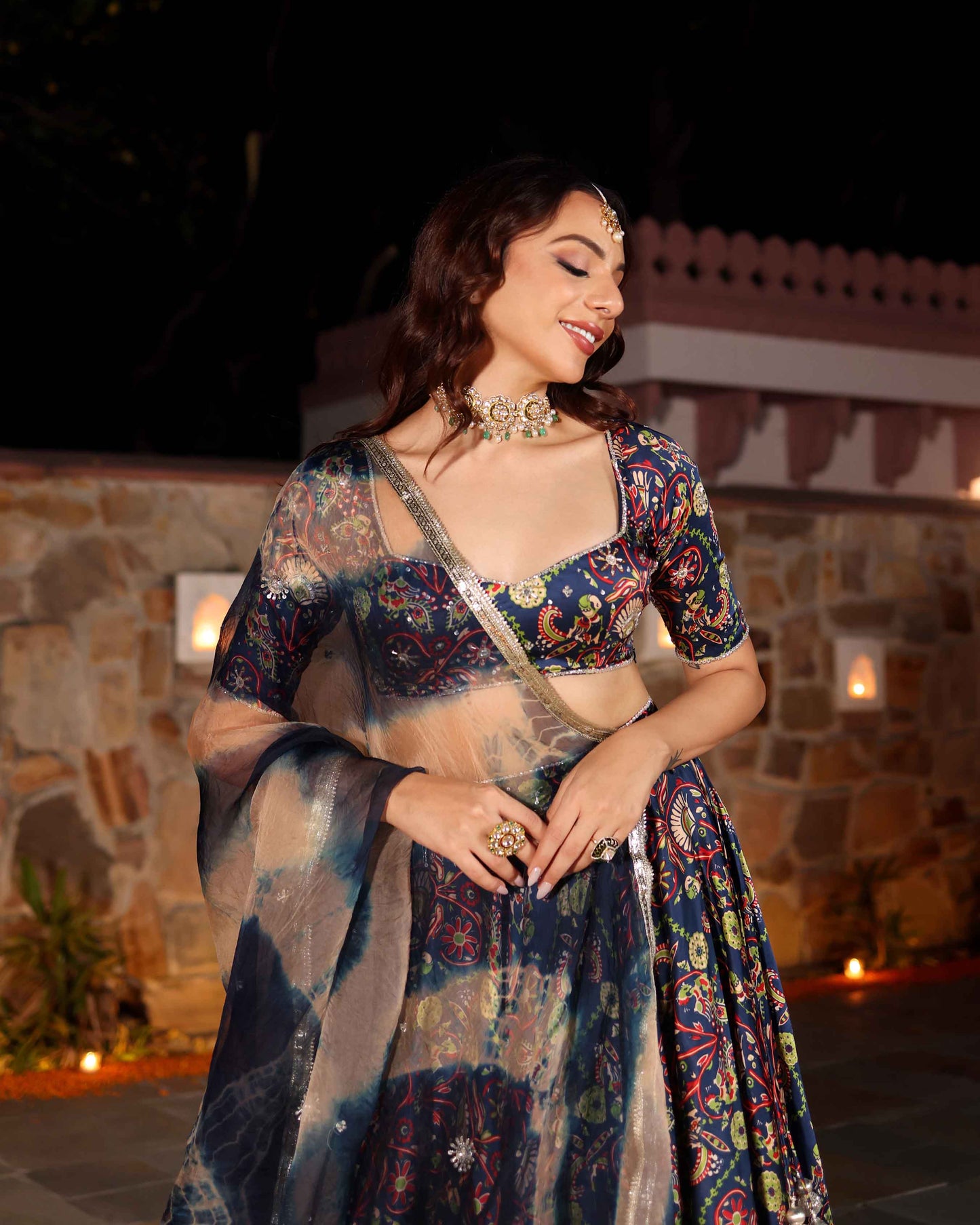 Laaya Blue Printed Hand Embroidered Satin Lehenga Set Quick Cart