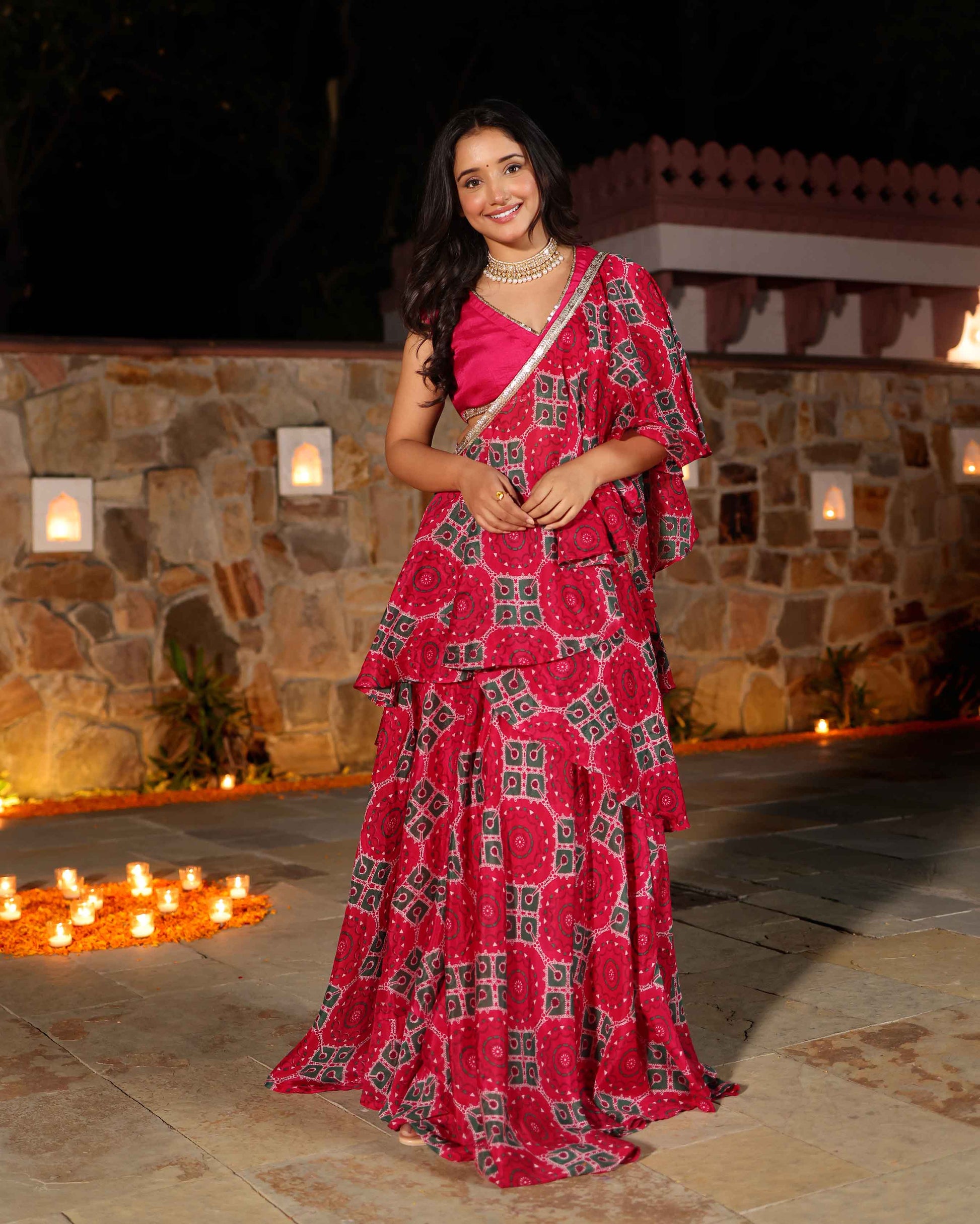 Hareeta Pink Printed Chinon Pre Draped Saree My Store