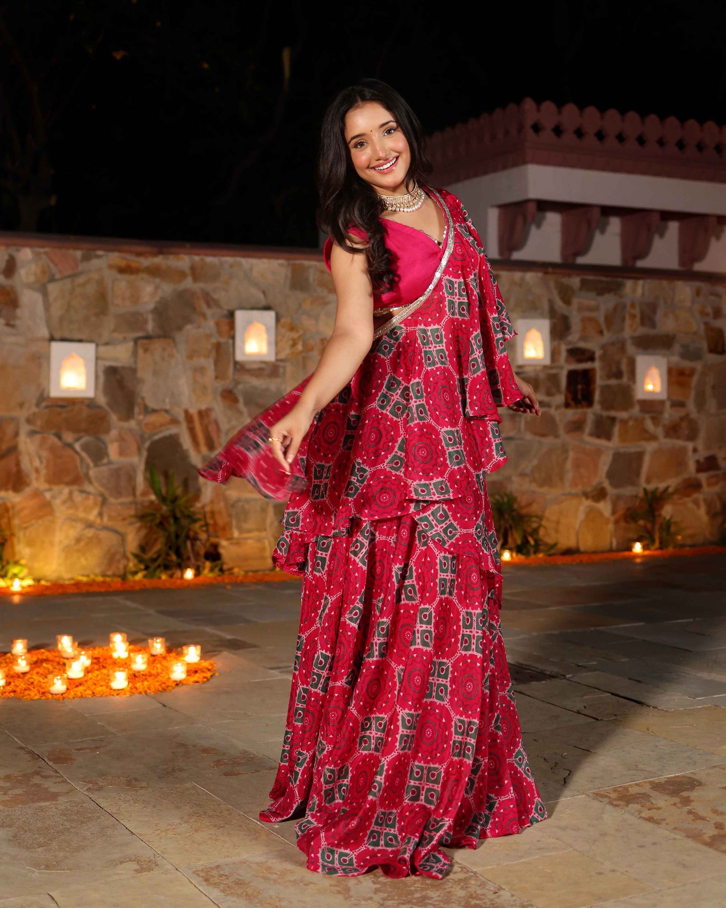 Hareeta Pink Printed Chinon Pre Draped Saree My Store