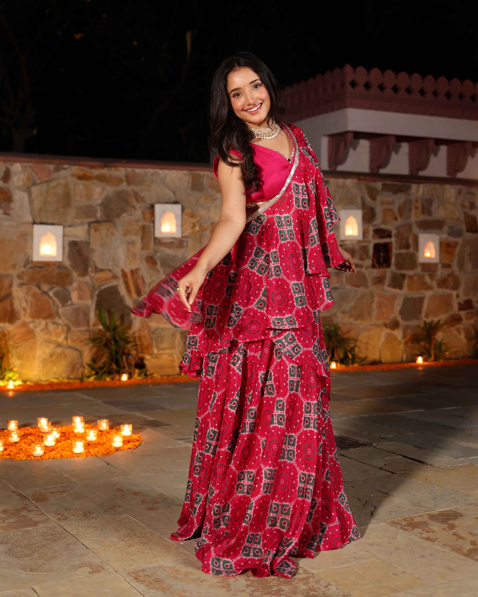 Hareeta Pink Printed Chinon Pre Draped Saree Quick Cart