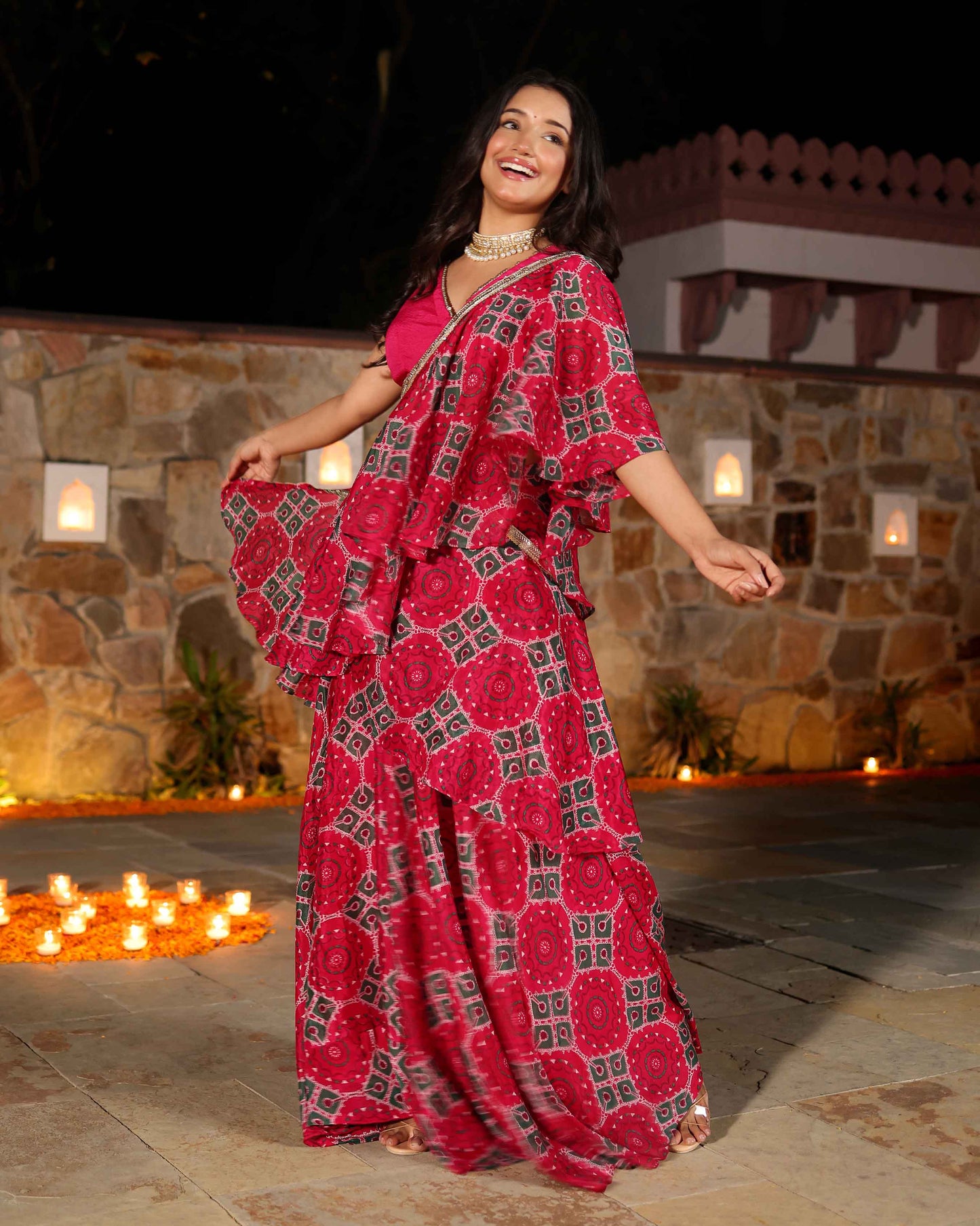 Hareeta Pink Printed Chinon Pre Draped Saree Quick Cart