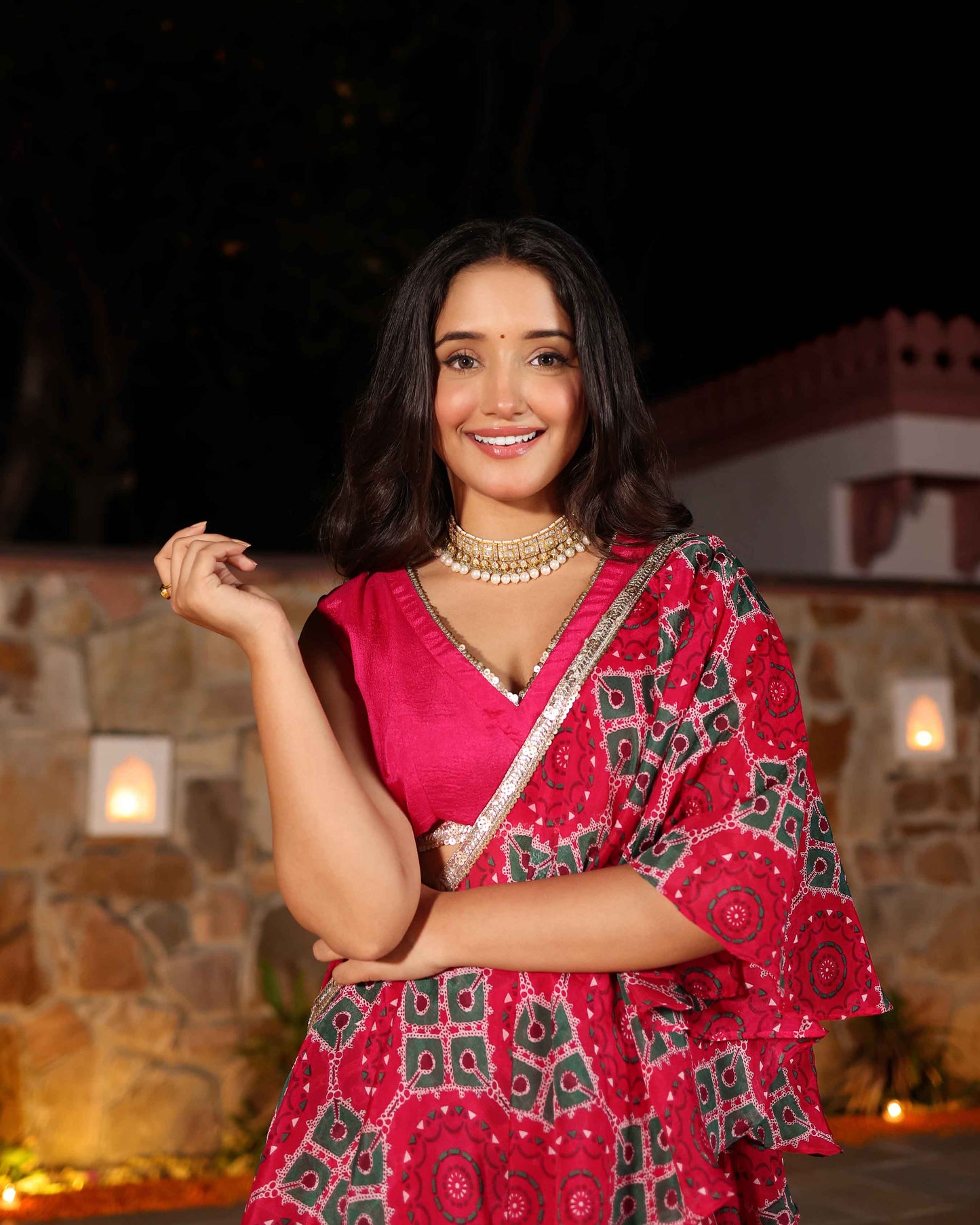 Hareeta Pink Printed Chinon Pre Draped Saree My Store