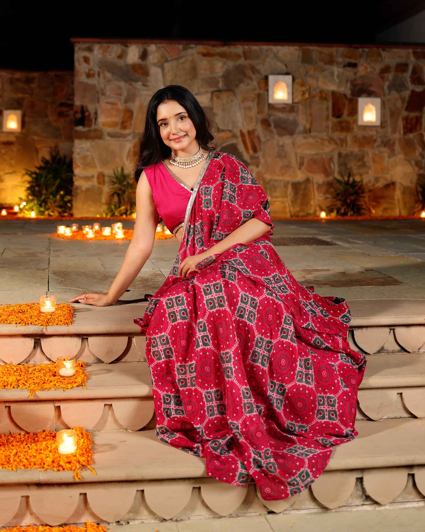 Hareeta Pink Printed Chinon Pre Draped Saree Quick Cart