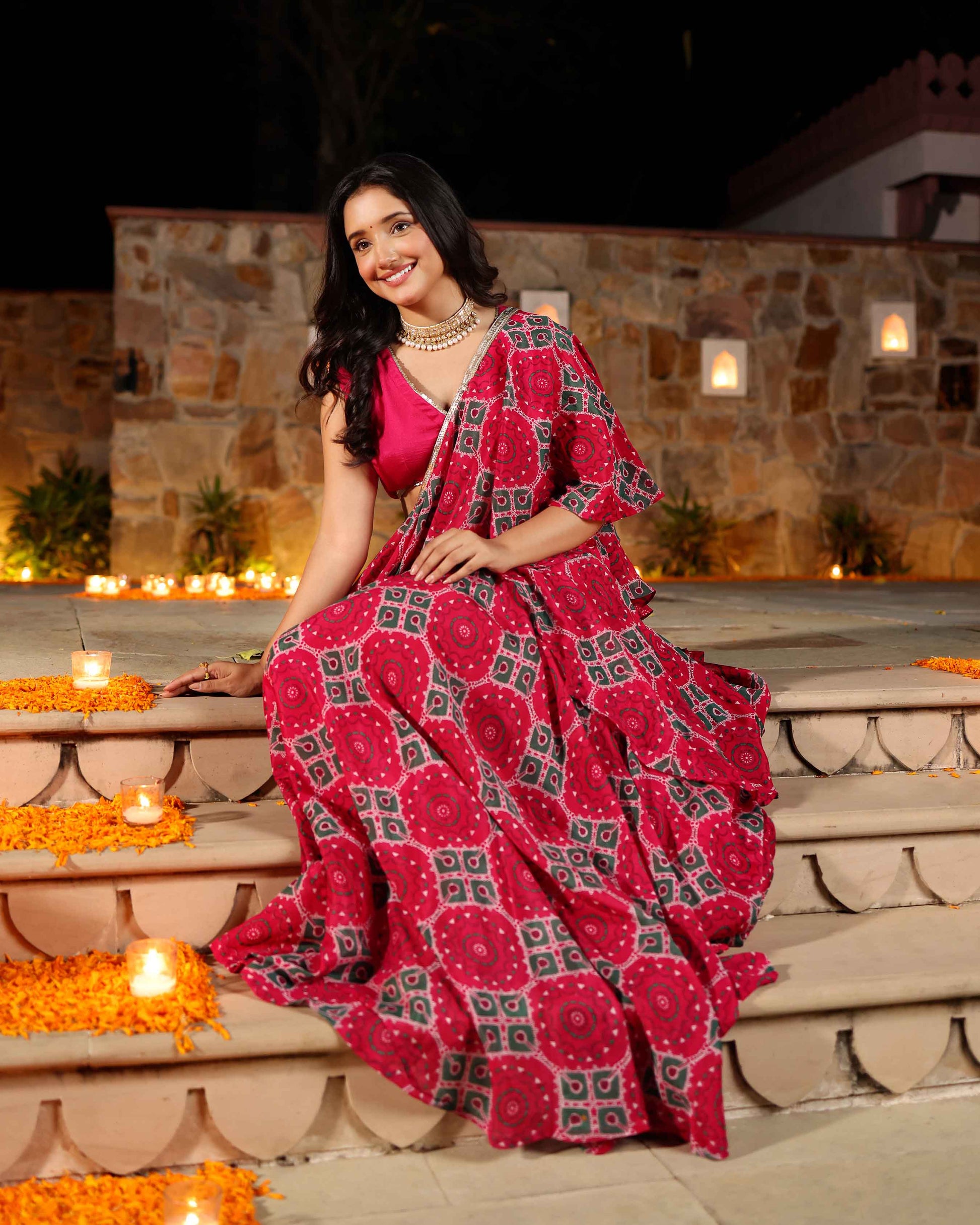 Hareeta Pink Printed Chinon Pre Draped Saree My Store