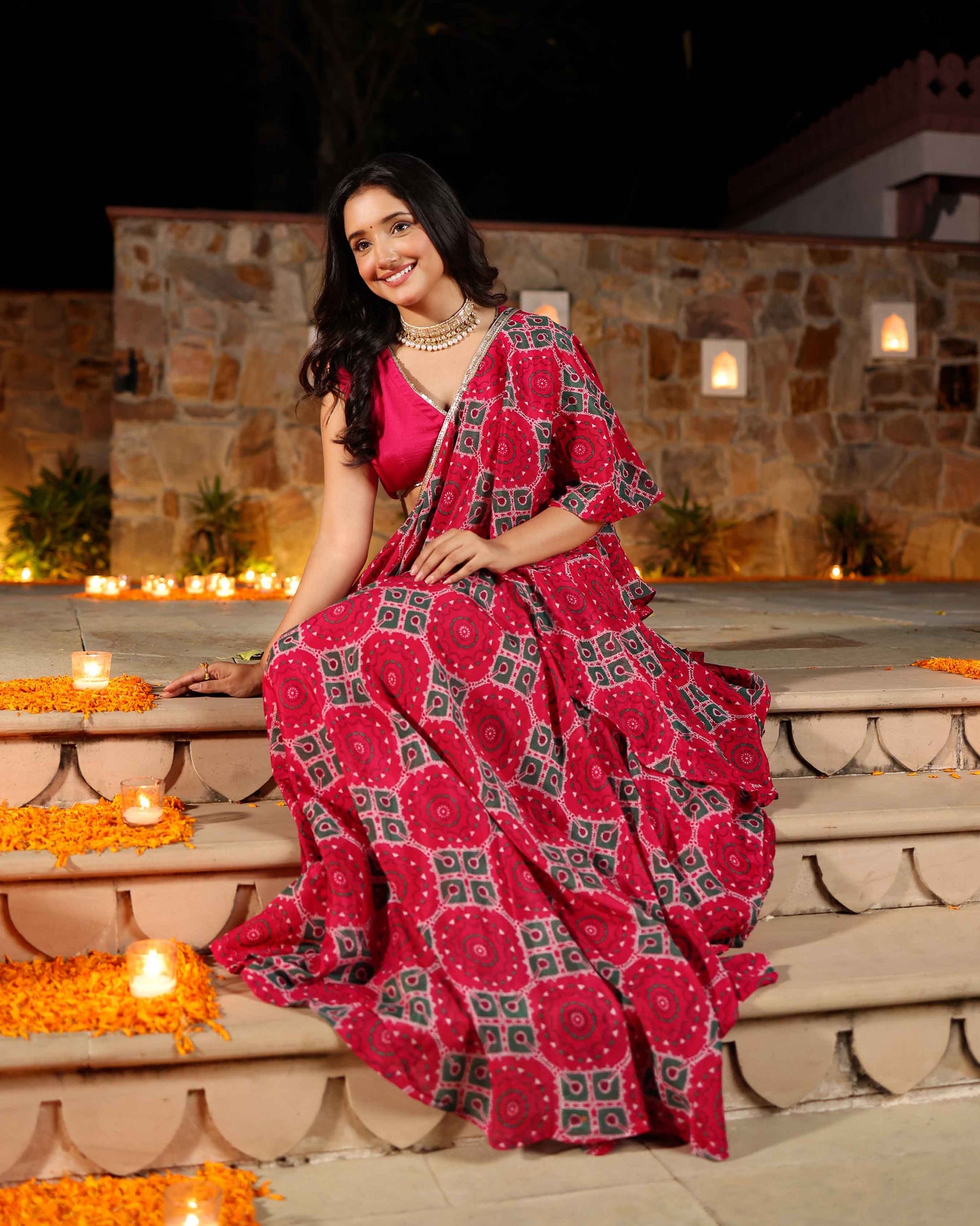 Hareeta Pink Printed Chinon Pre Draped Saree Quick Cart