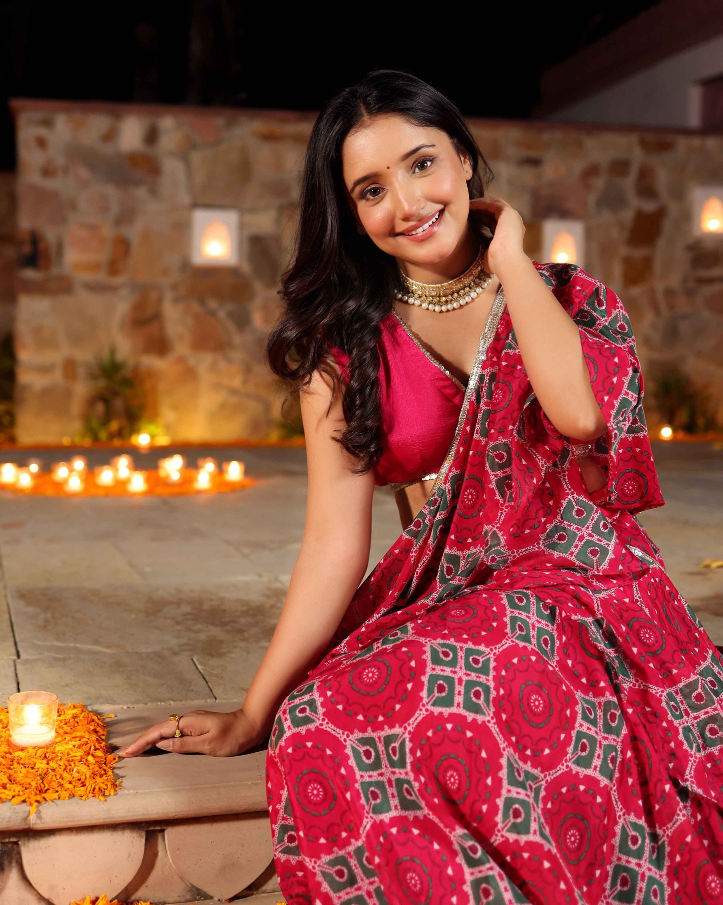 Hareeta Pink Printed Chinon Pre Draped Saree My Store