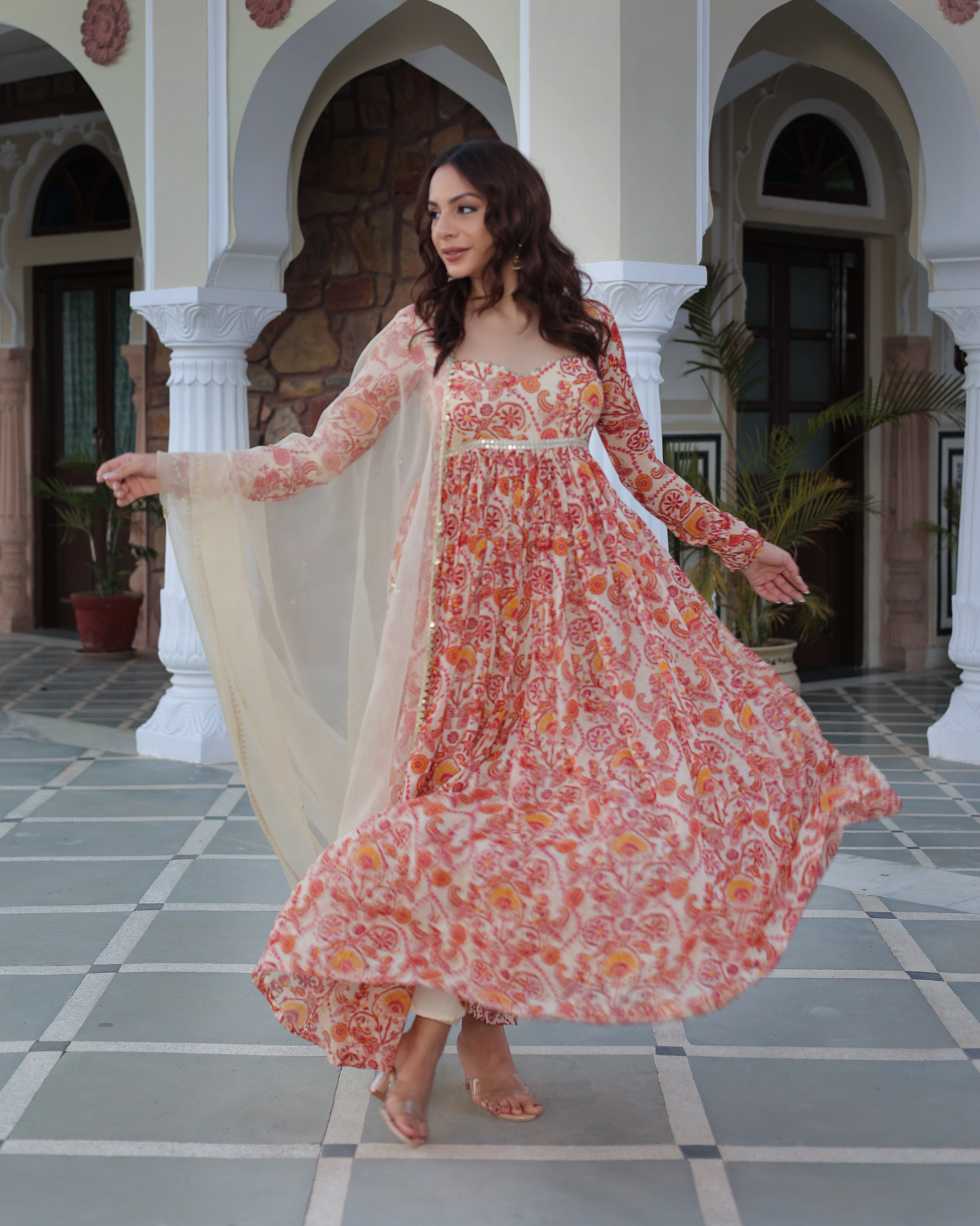 Marigold Cream Delight Printed Georgette Suit Set Quick Cart