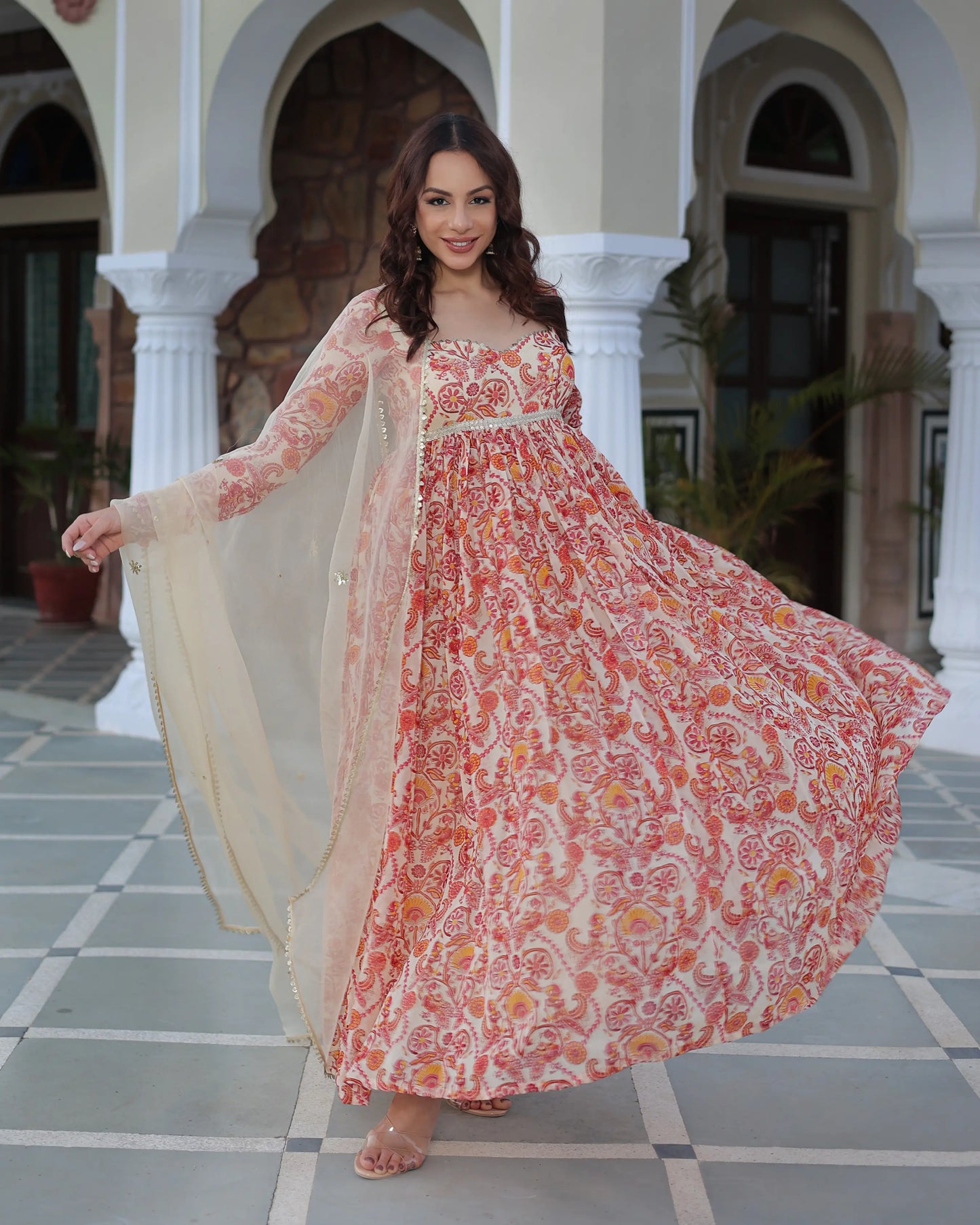 Marigold Cream Delight Printed Georgette Suit Set My Store