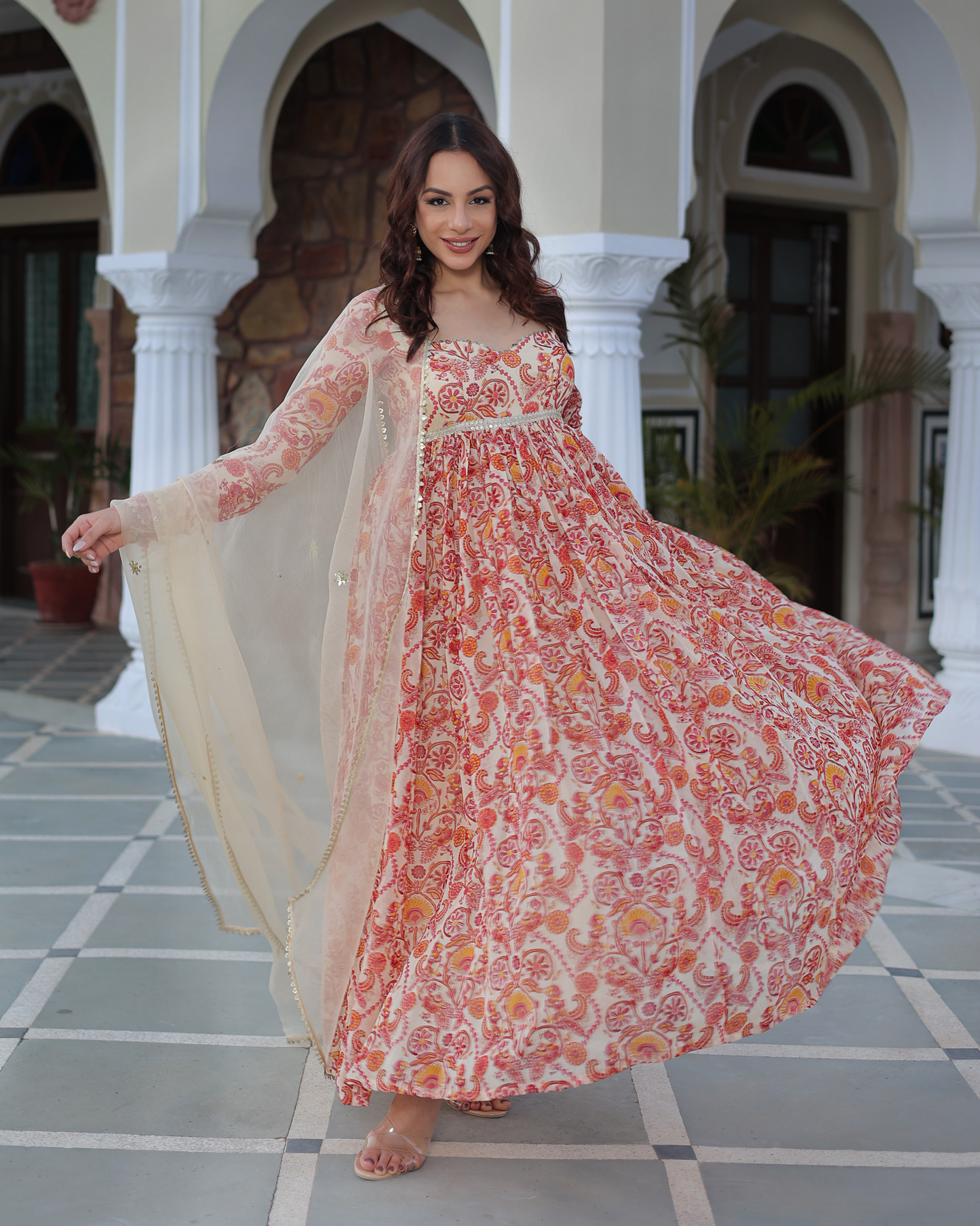 Marigold Cream Delight Printed Georgette Suit Set Quick Cart