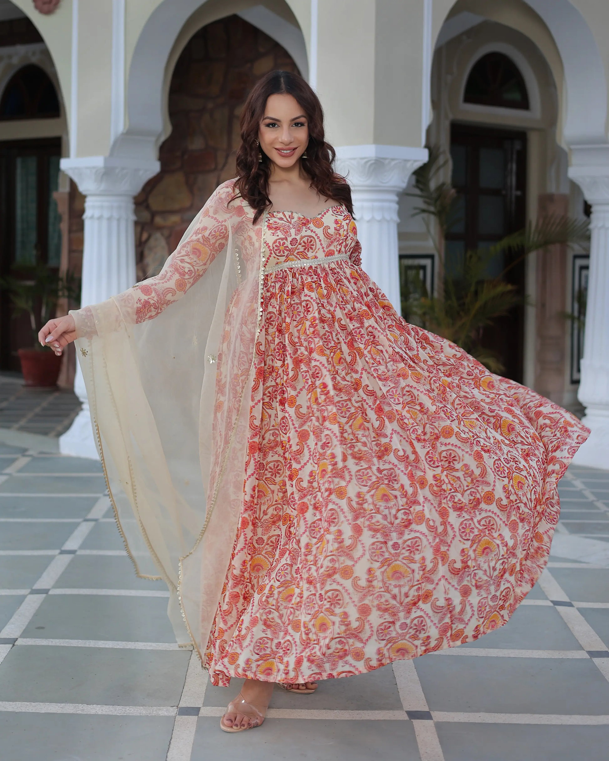 Marigold Cream Delight Printed Georgette Suit Set My Store