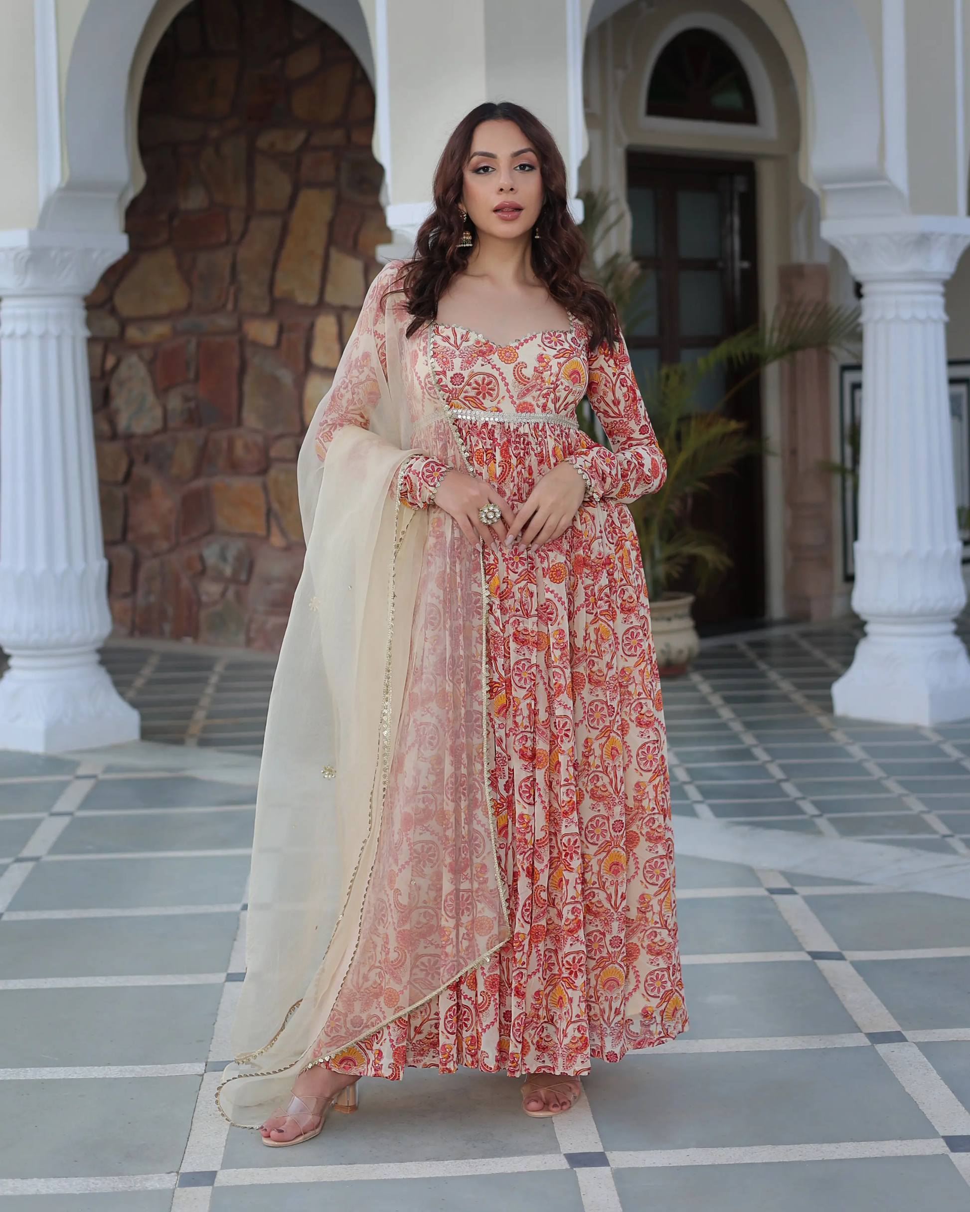 Marigold Cream Delight Printed Georgette Suit Set My Store