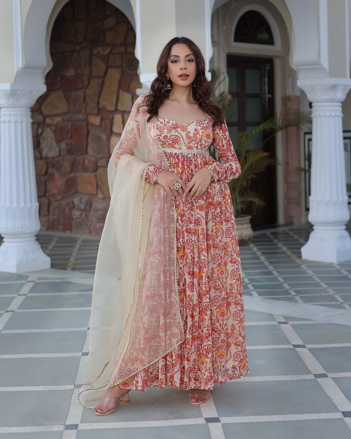 Marigold Cream Delight Printed Georgette Suit Set Quick Cart
