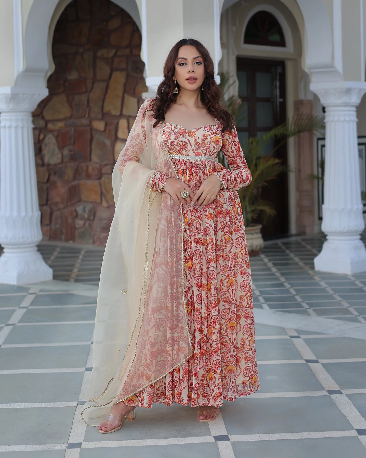 Marigold Cream Delight Printed Georgette Suit Set My Store