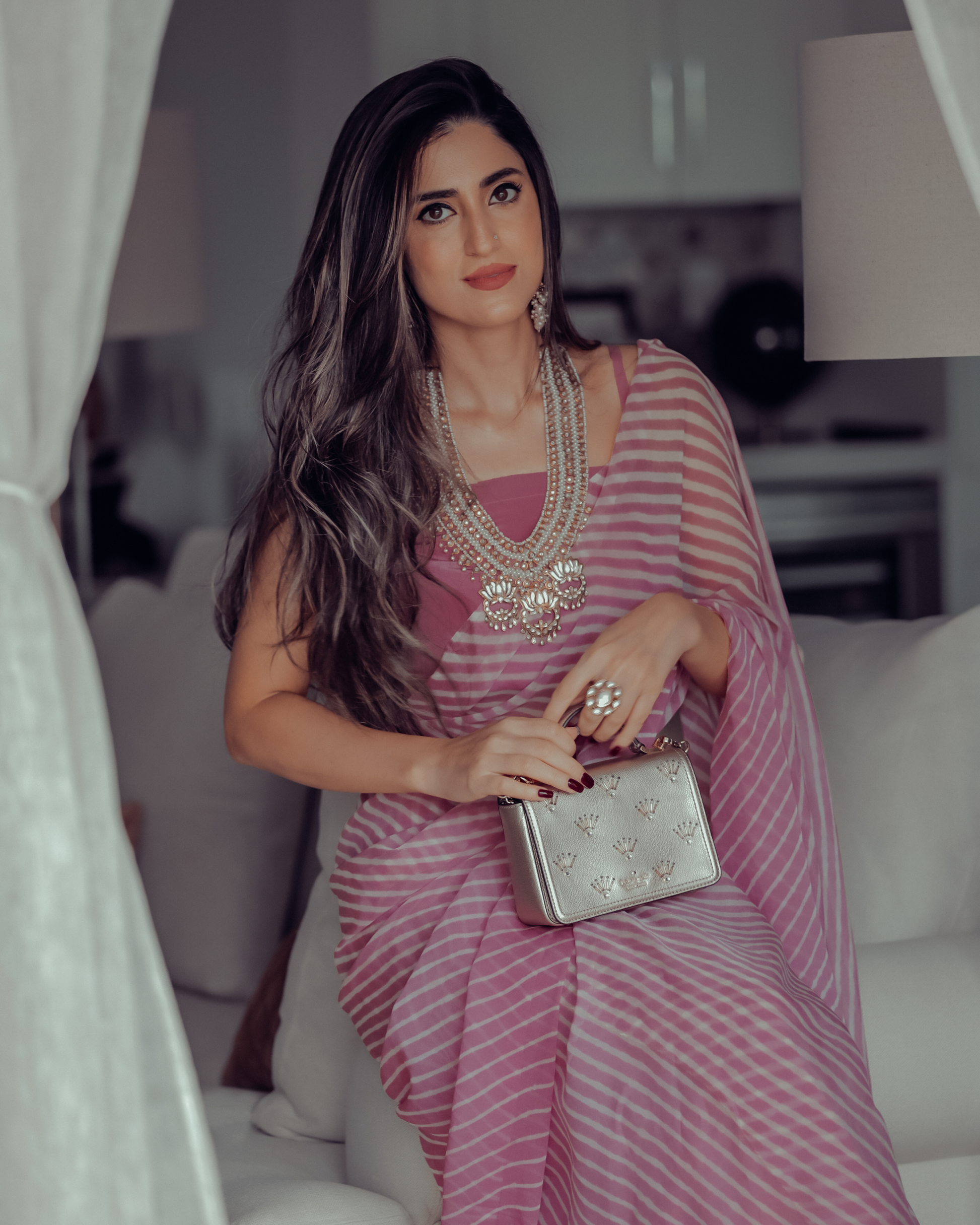 Sophia Dusty Pink Leheriya Pure Chiffon Saree Quick Cart