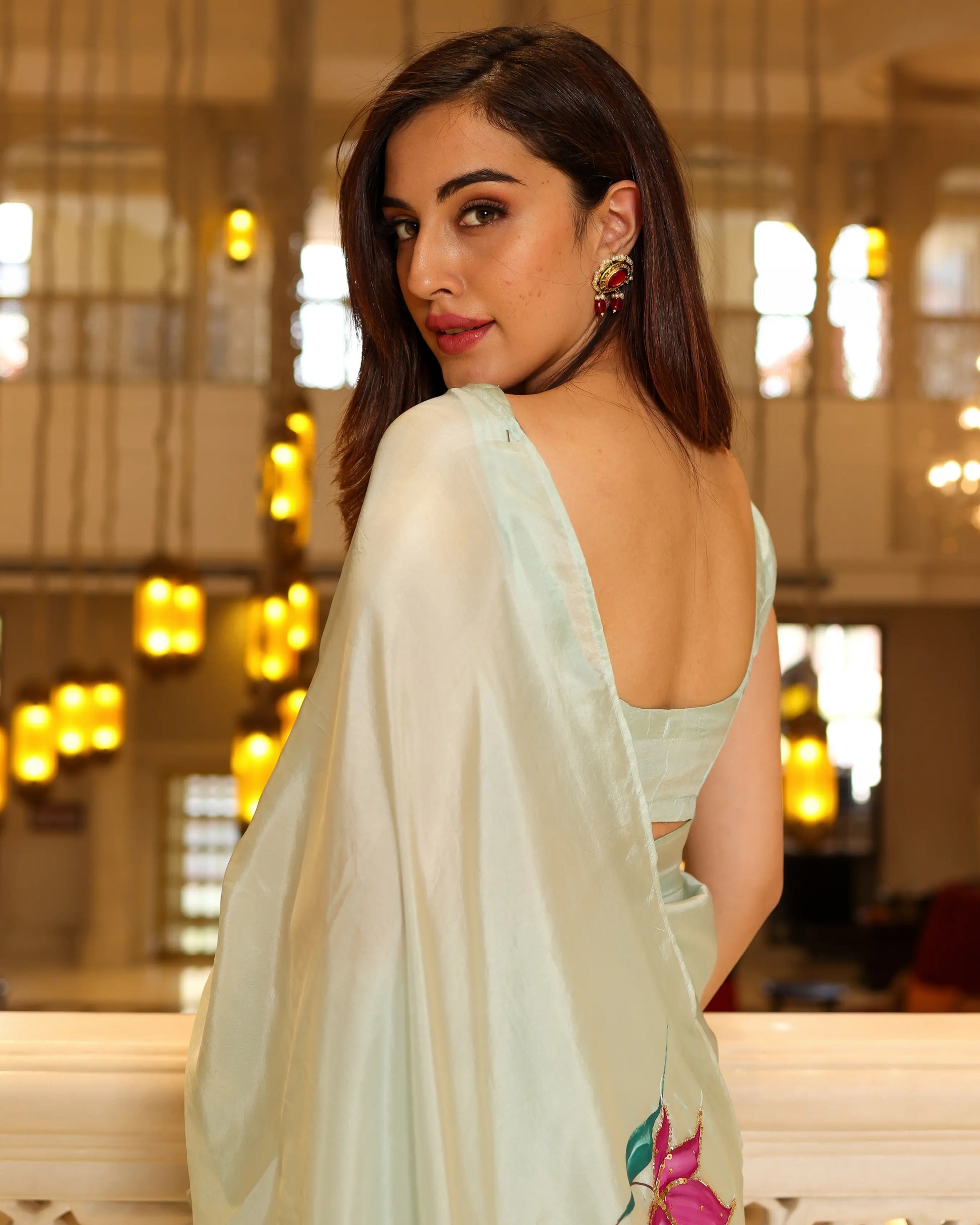 Green Cardamom Handpainted Silk Saree My Store