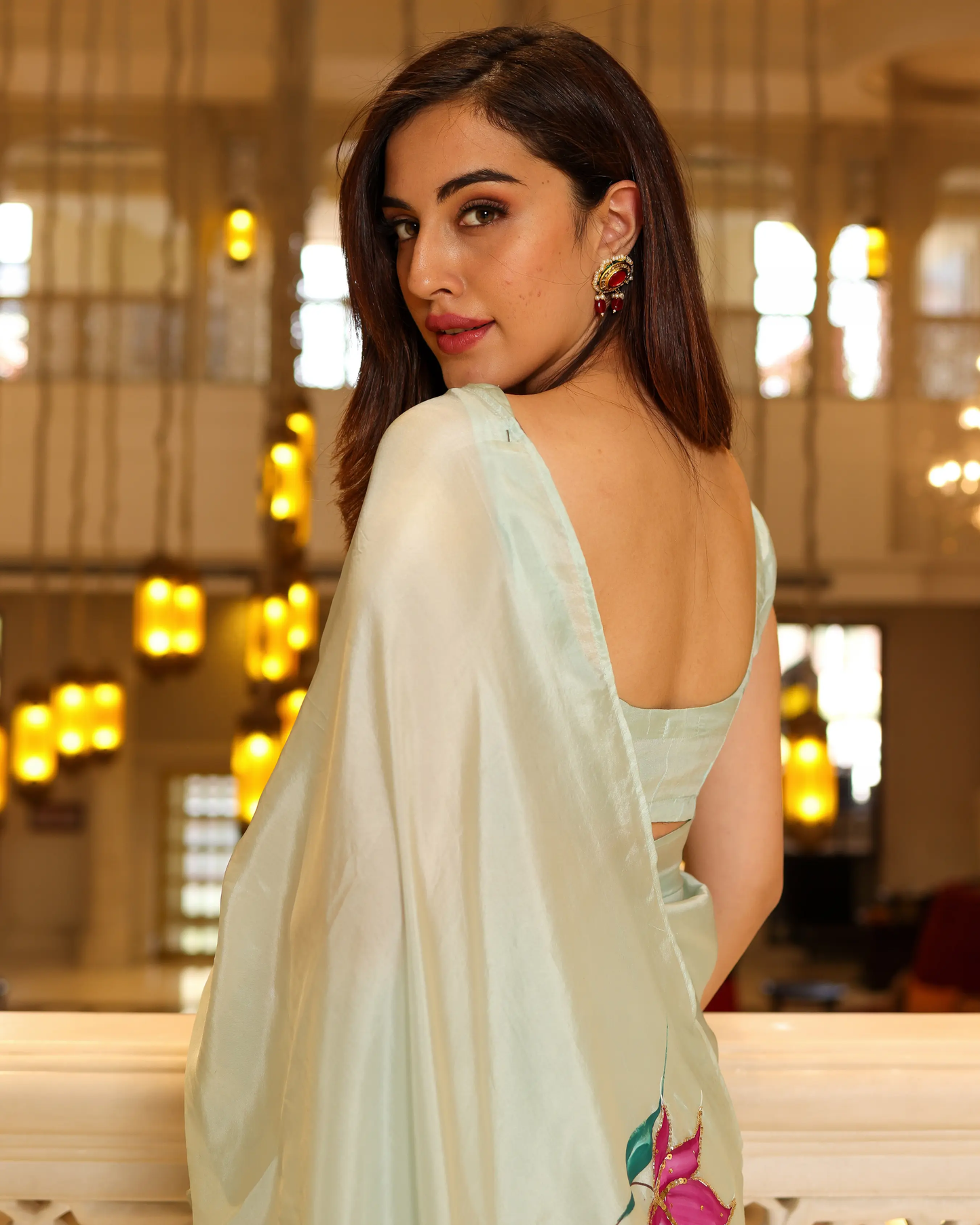 Green Cardamom Handpainted Silk Saree My Store