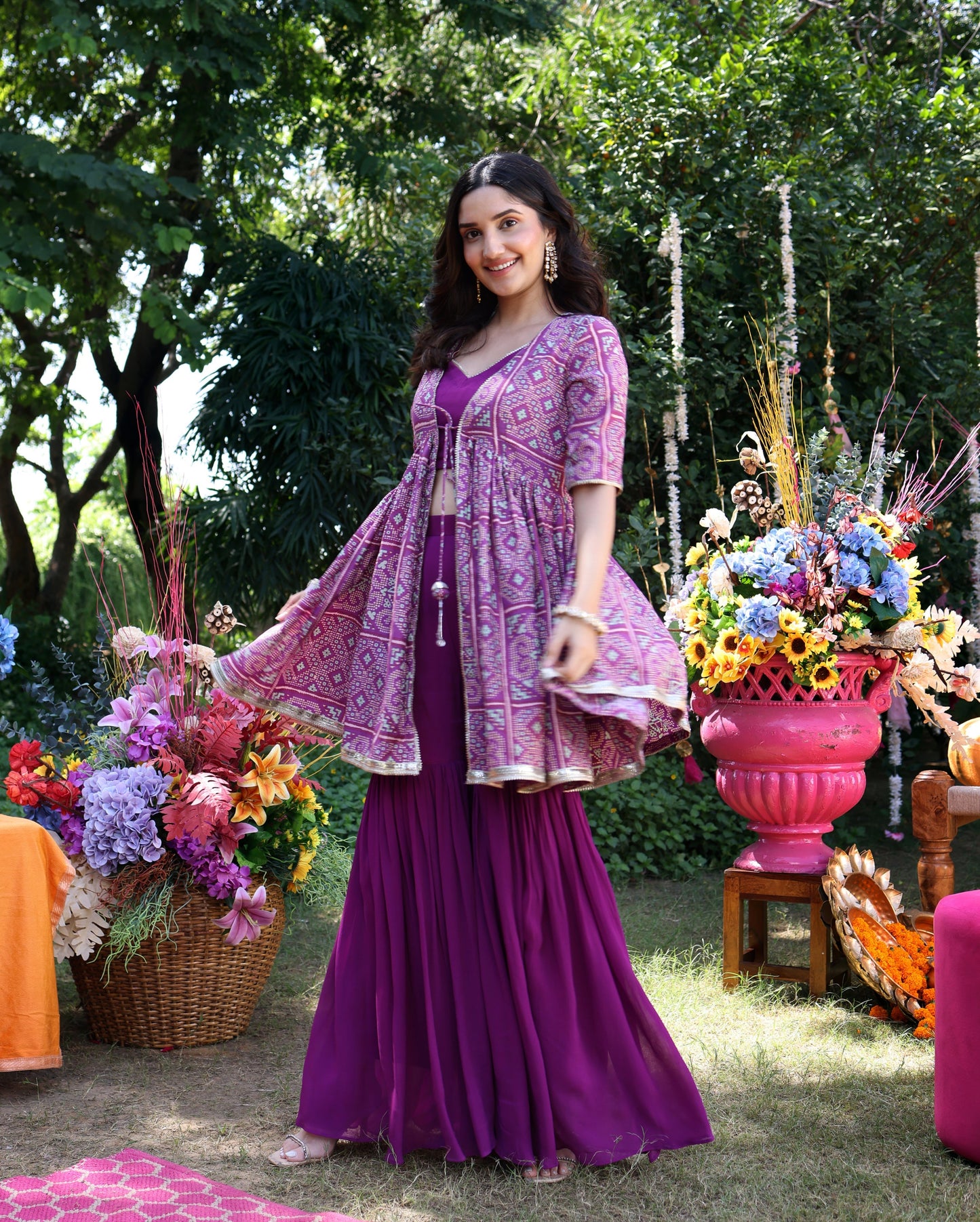 Geometric Purple Elegance Printed Satin Sharara Set Quick Cart