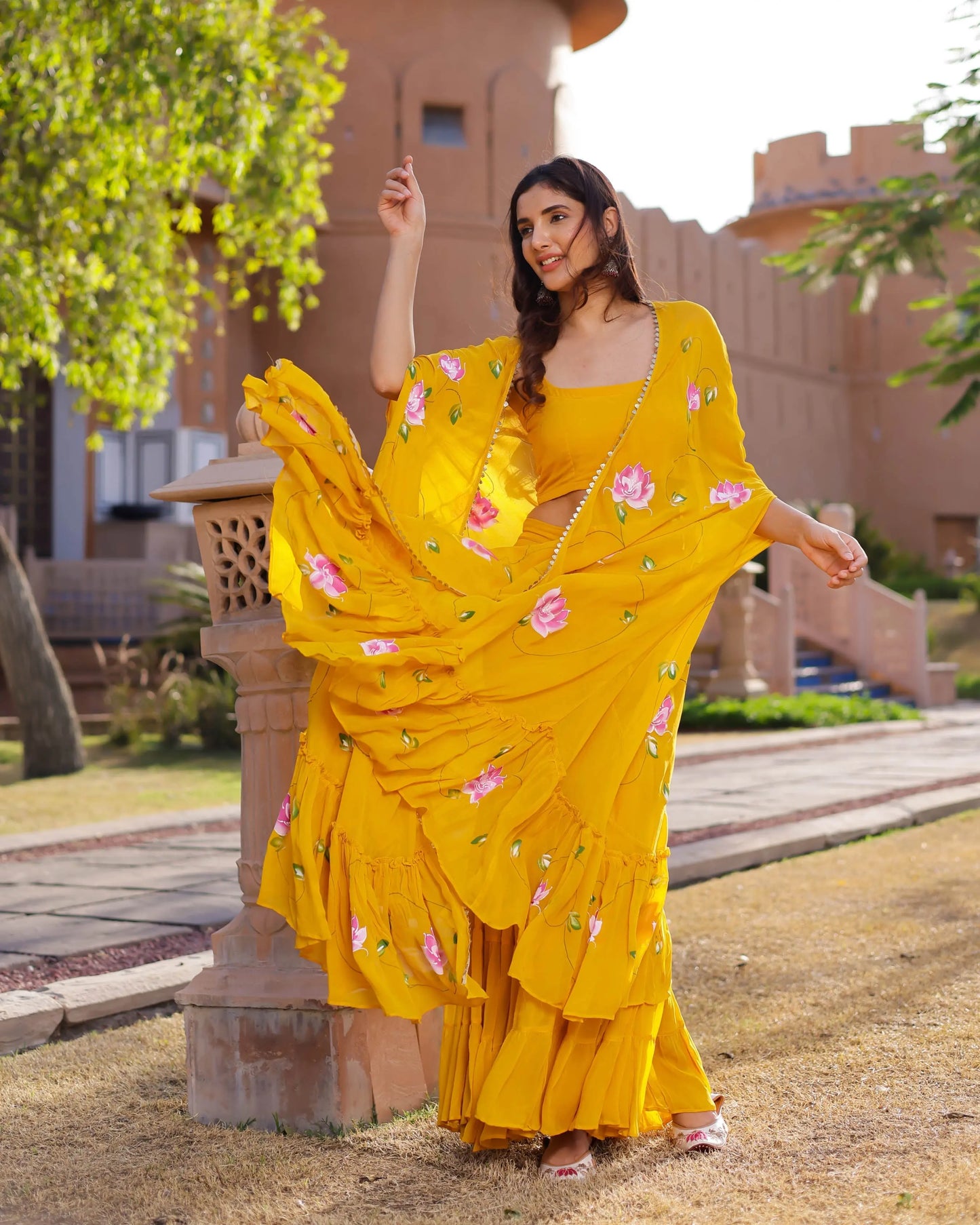 Kamlika Handpainted Georgette Cape Sharara set My Store