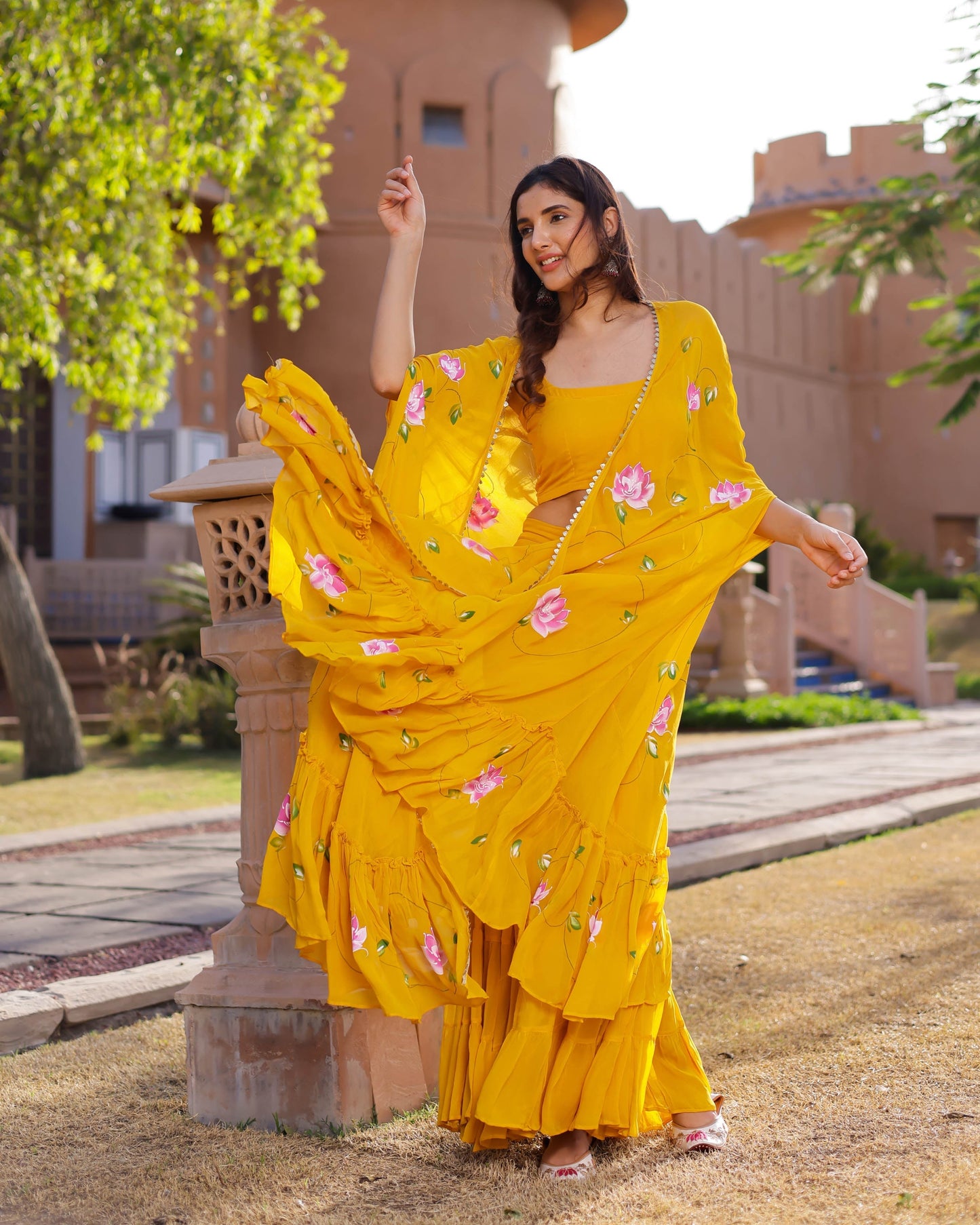 Kamlika Handpainted Georgette Cape Sharara set My Store