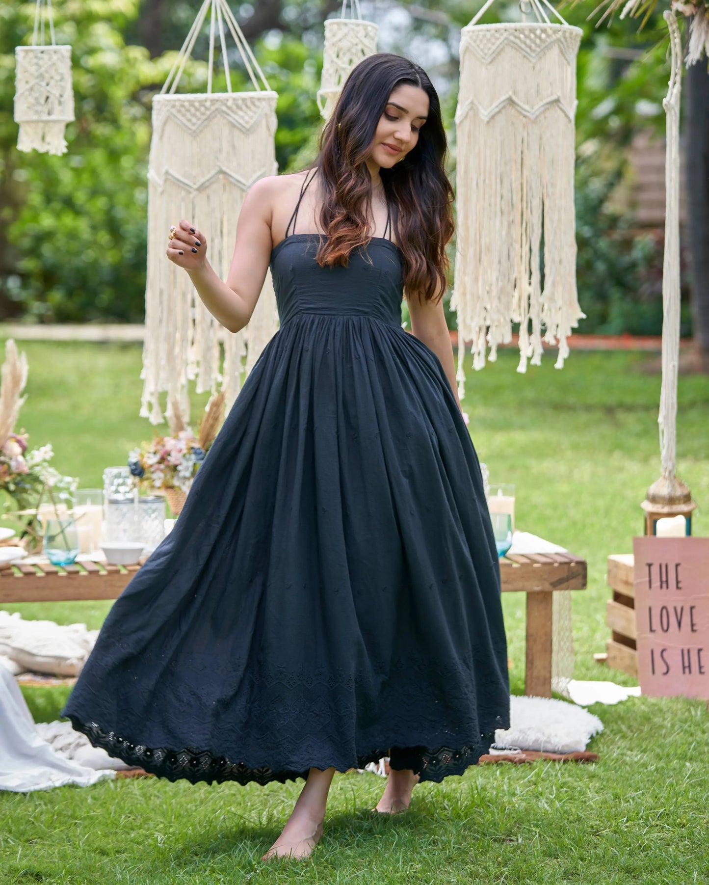 Canary Black Solid Cotton Schiffli Dress My Store