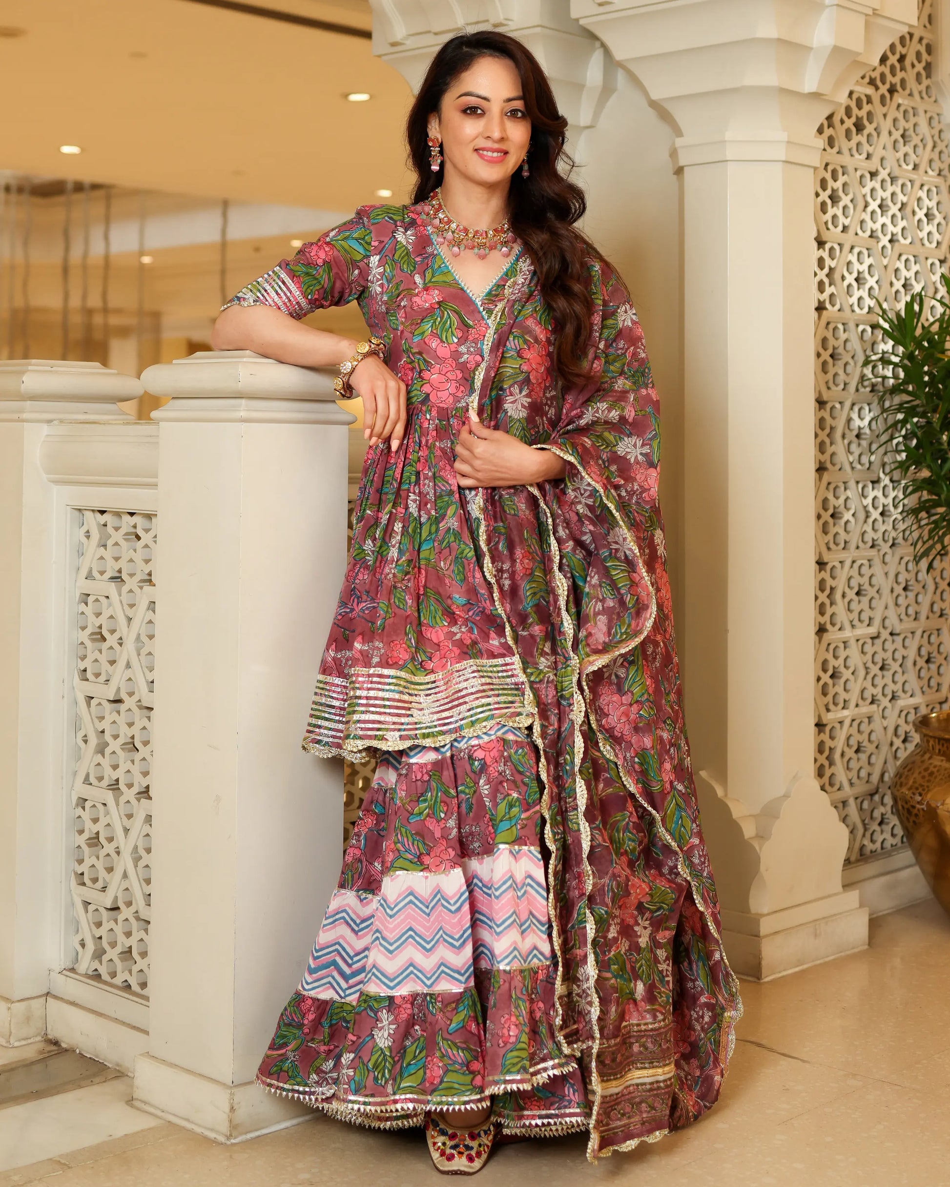 Multi Rose Handblock Sharara Set My Store