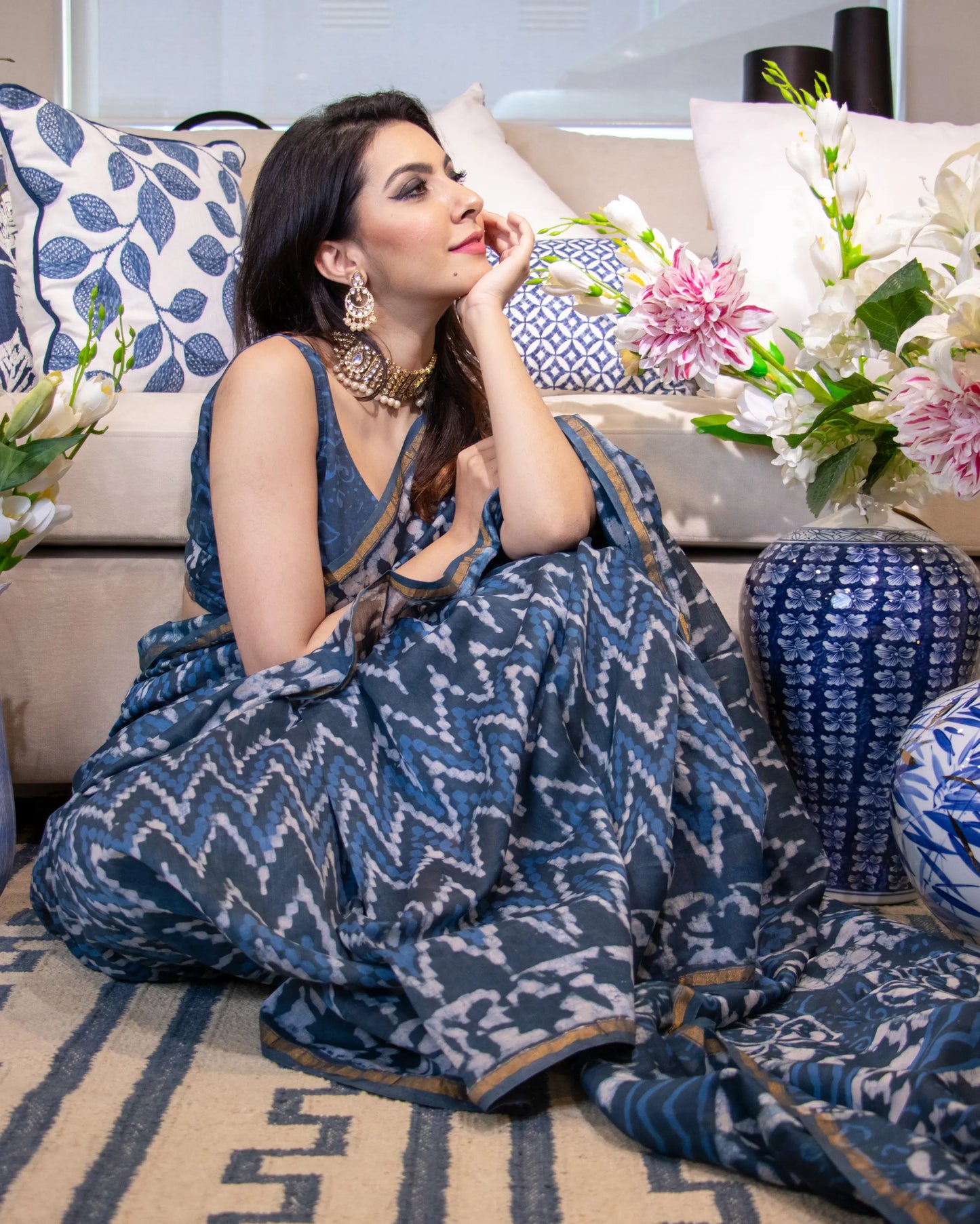 Nura Blue Handblock Chanderi Silk Saree My Store