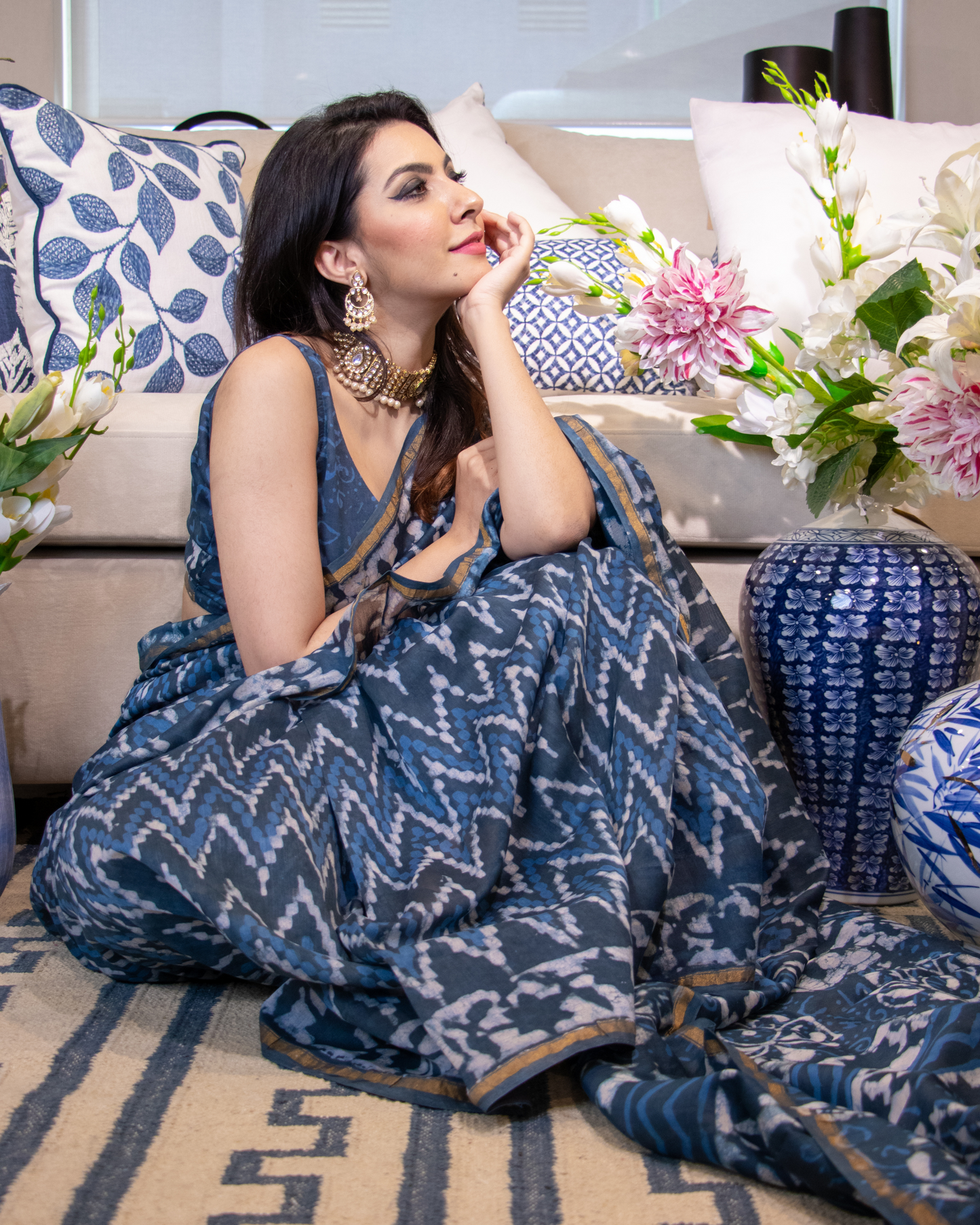 Nura Blue Handblock Chanderi Silk Saree Quick Cart