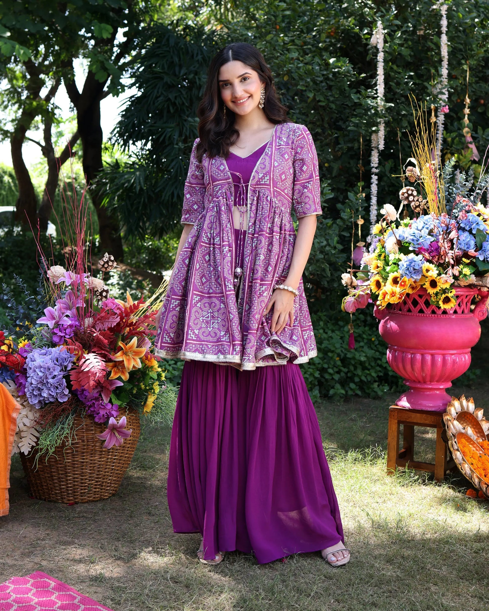 Geometric Purple Elegance Printed Satin Sharara Set My Store