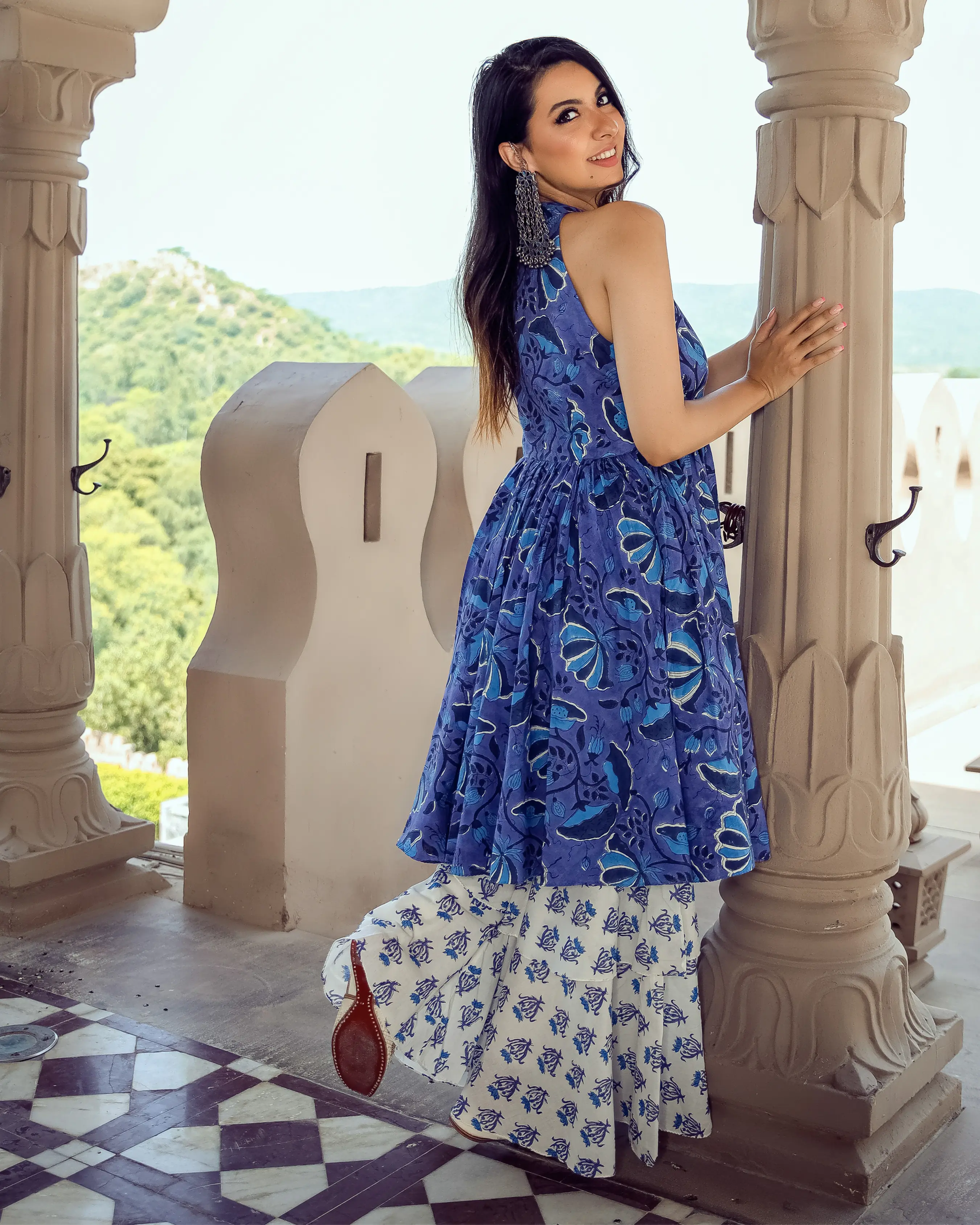 Oxford Blue Handblock Kurta Set My Store